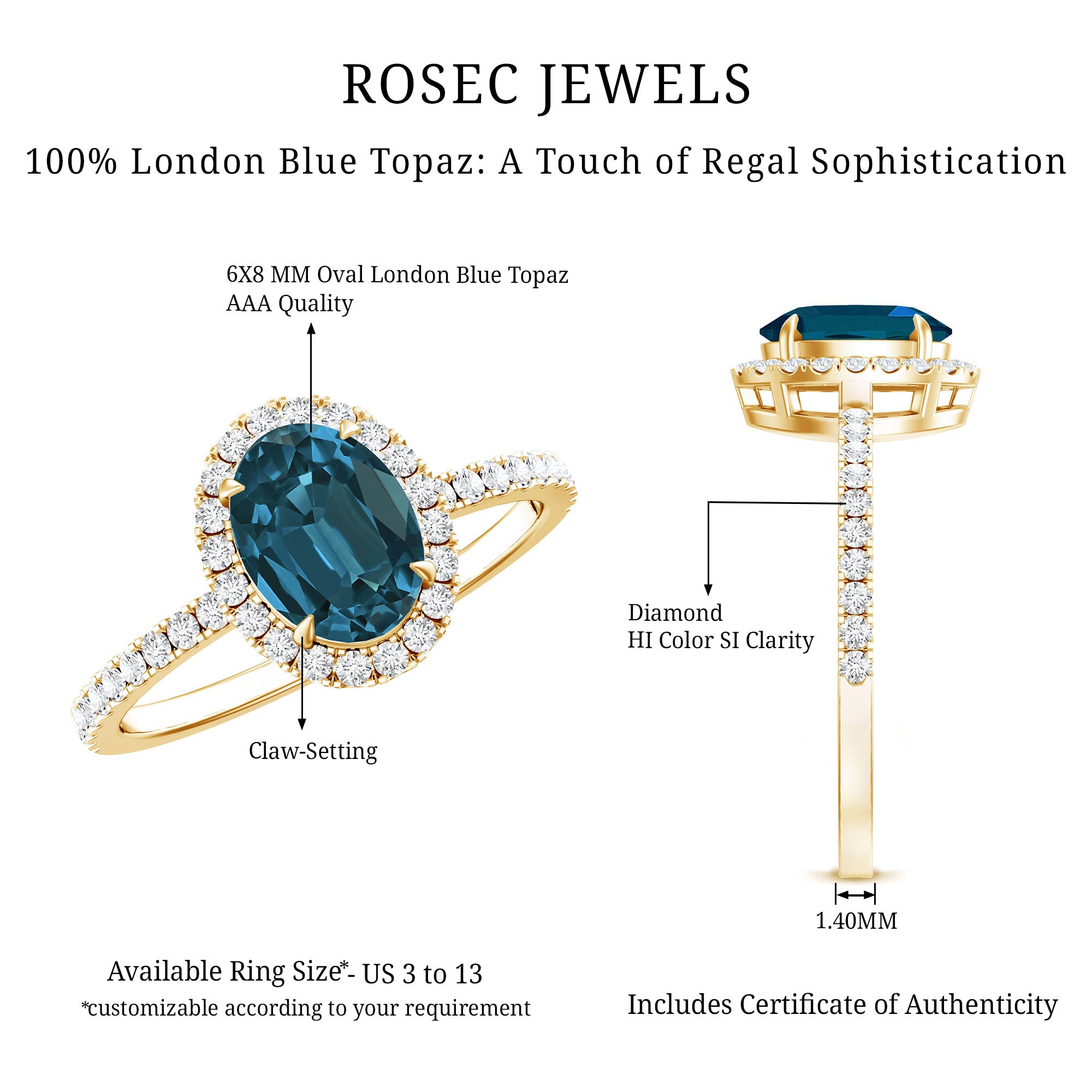 Oval 6X8MM London Blue Topaz Halo Engagement Ring AAA - Rosec Jewels