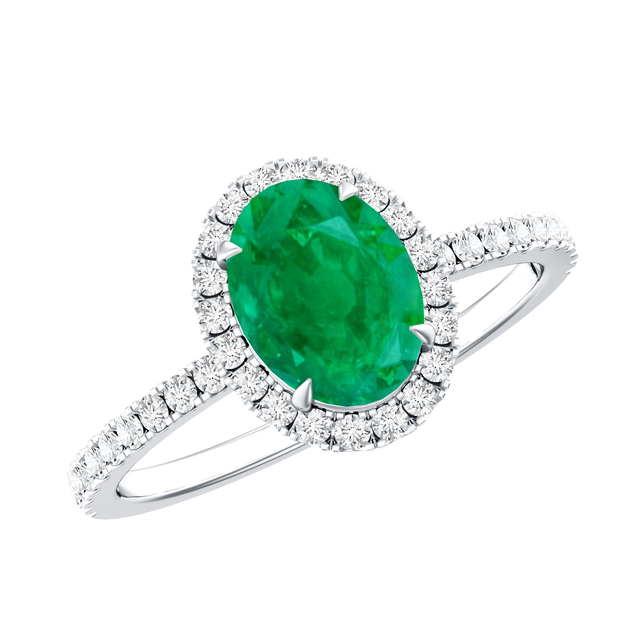 Rosec Jewels-Genuine 6X8MM Oval Emerald Engagement Ring with Diamond Halo