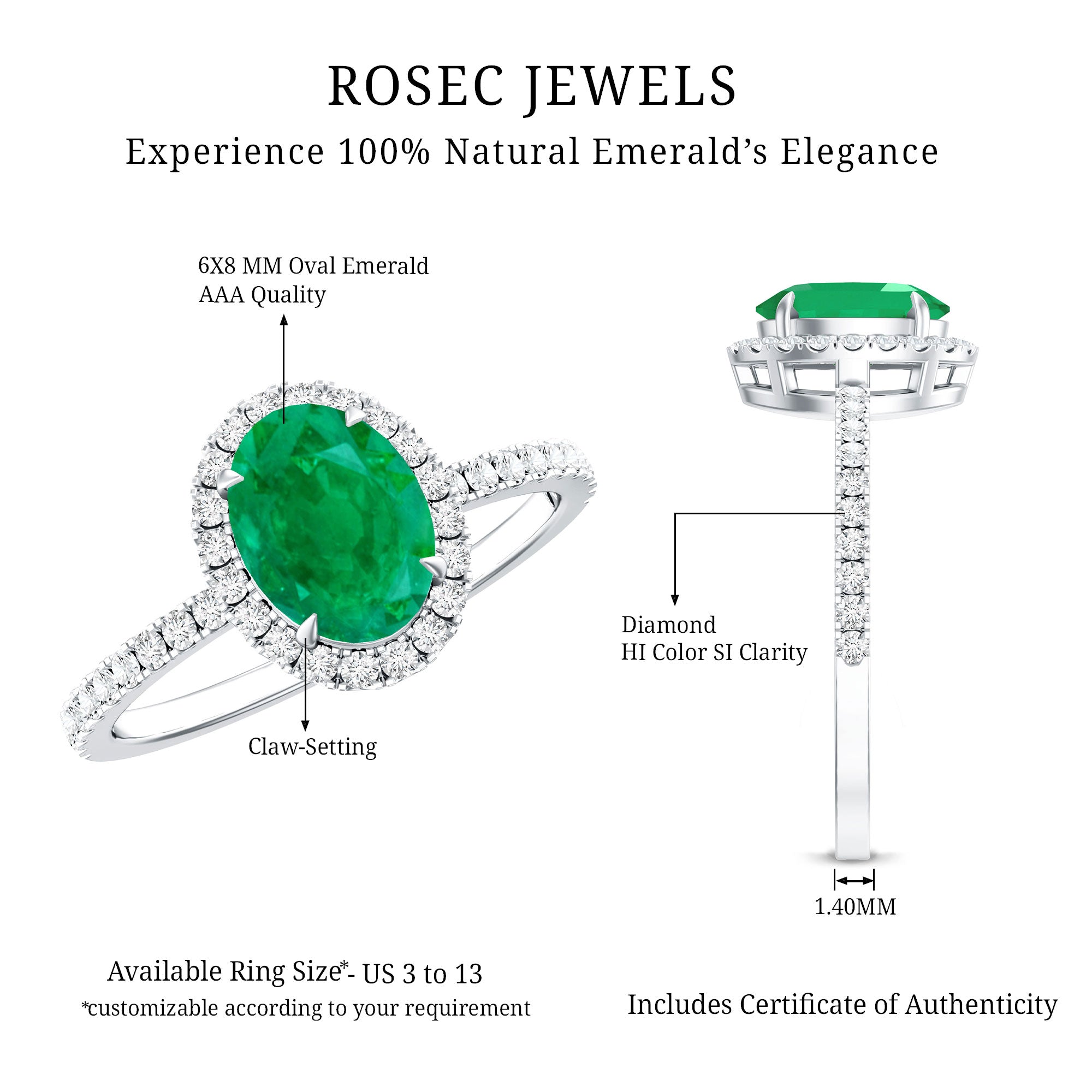 Rosec Jewels-Genuine 6X8MM Oval Emerald Engagement Ring with Diamond Halo