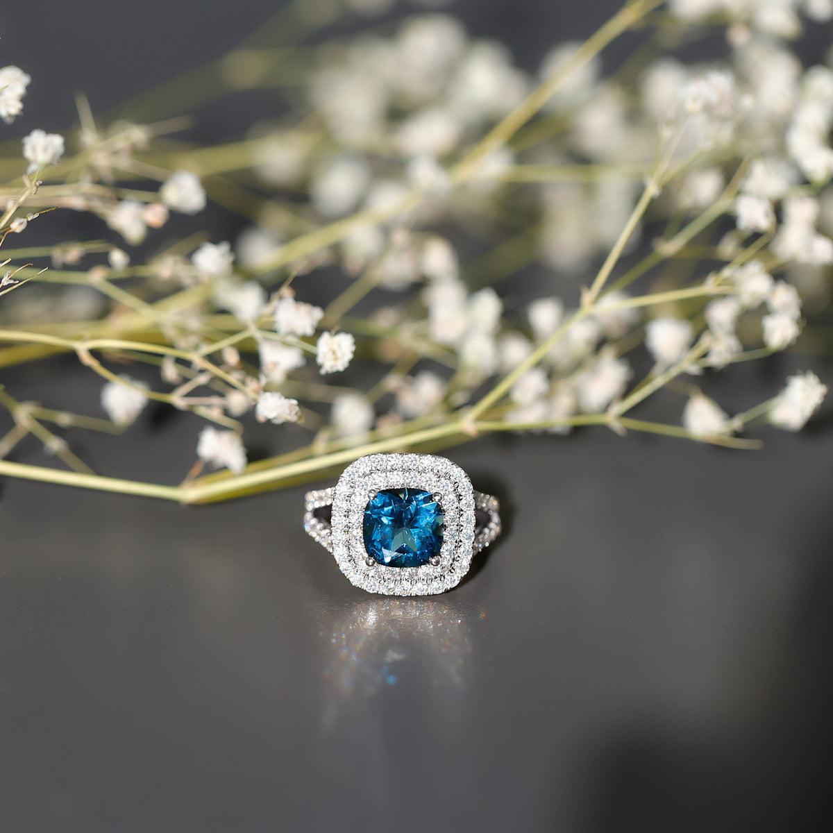 Real 8mm Cushion Cut London Blue Topaz Double Halo Engagement Ring with Moissanite AAA - Rosec Jewels