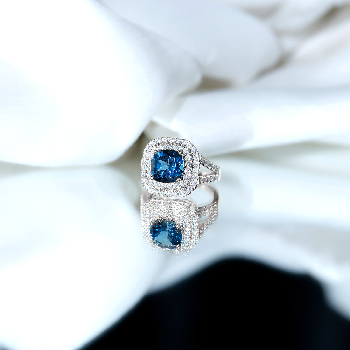 Real 8mm Cushion Cut London Blue Topaz Double Halo Engagement Ring with Moissanite AAA - Rosec Jewels