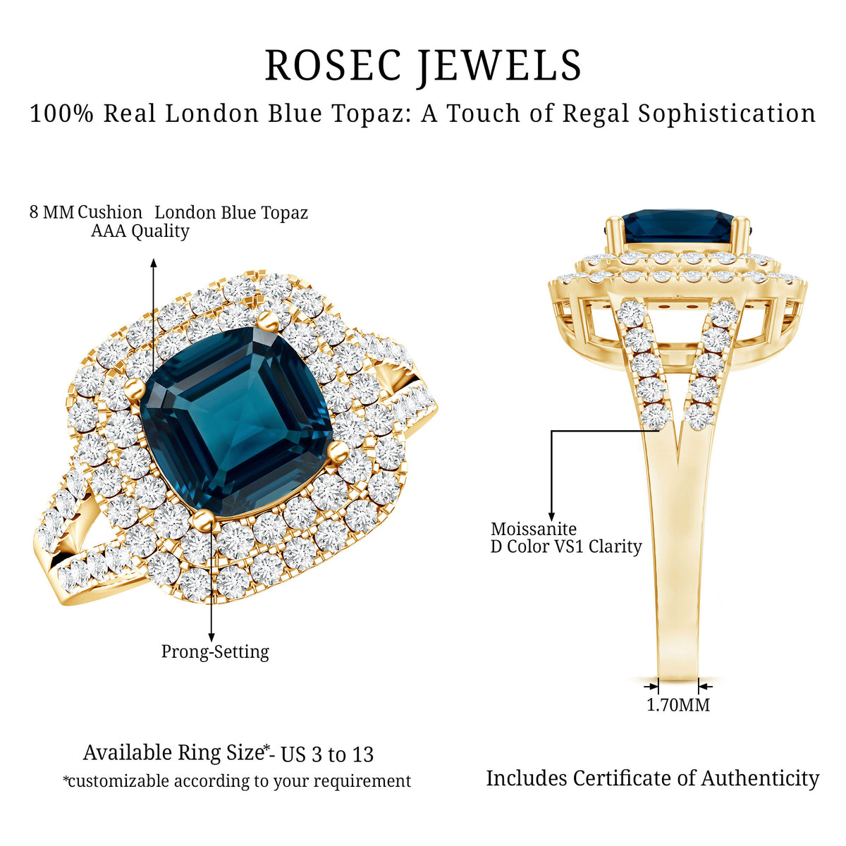 Real 8mm Cushion Cut London Blue Topaz Double Halo Engagement Ring with Moissanite AAA - Rosec Jewels