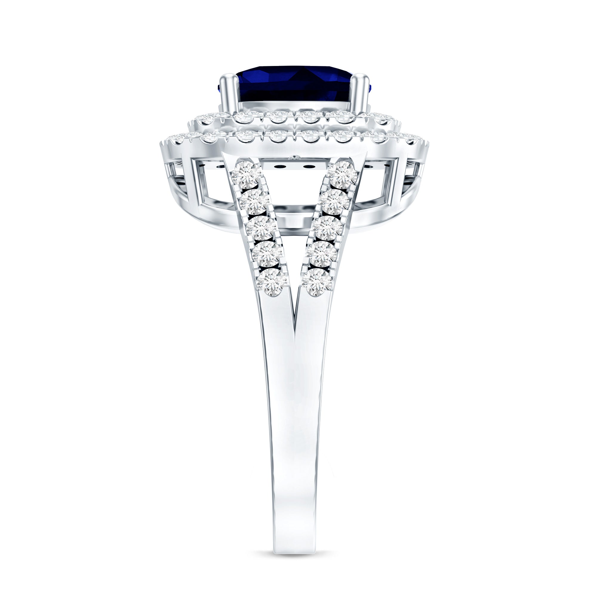 2.7 Carat Cushion Cut Lab Grown Blue Sapphire Engagement Ring with Double Halo AAAA - Rosec Jewels
