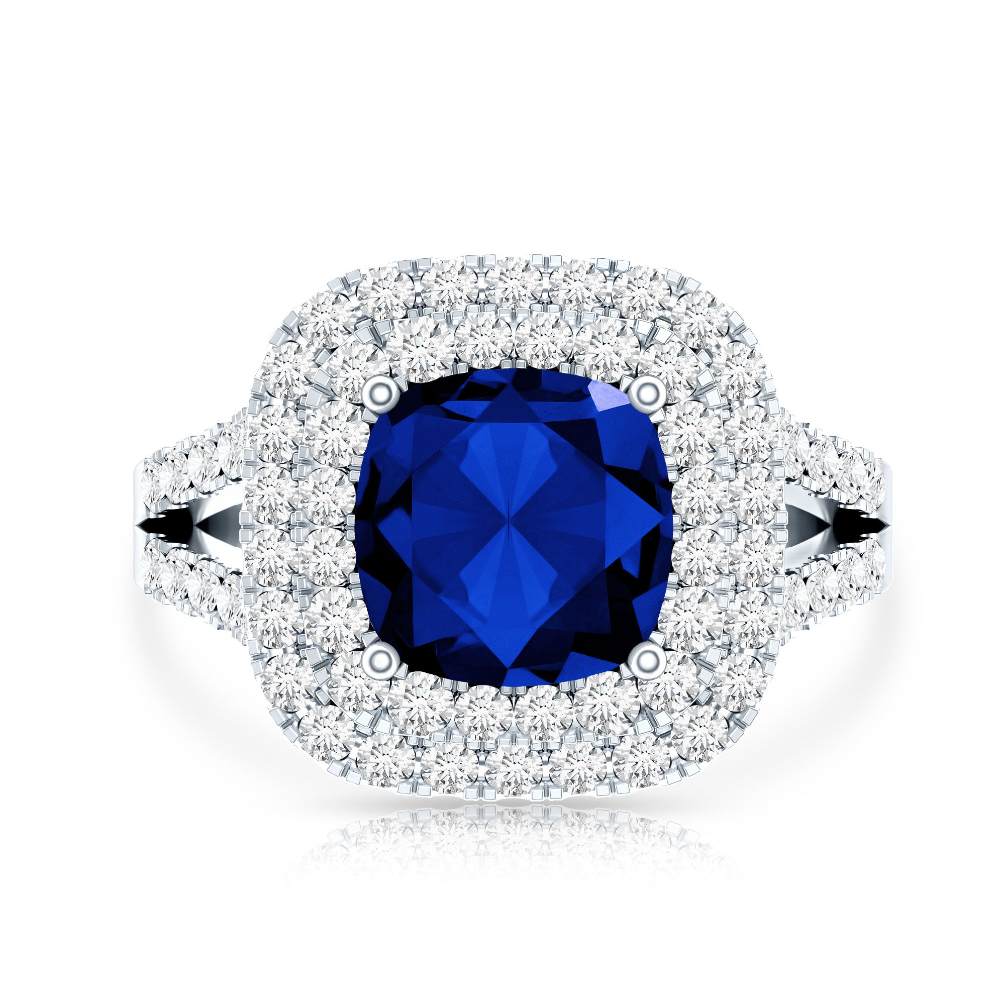 2.7 Carat Cushion Cut Lab Grown Blue Sapphire Engagement Ring with Double Halo AAAA - Rosec Jewels
