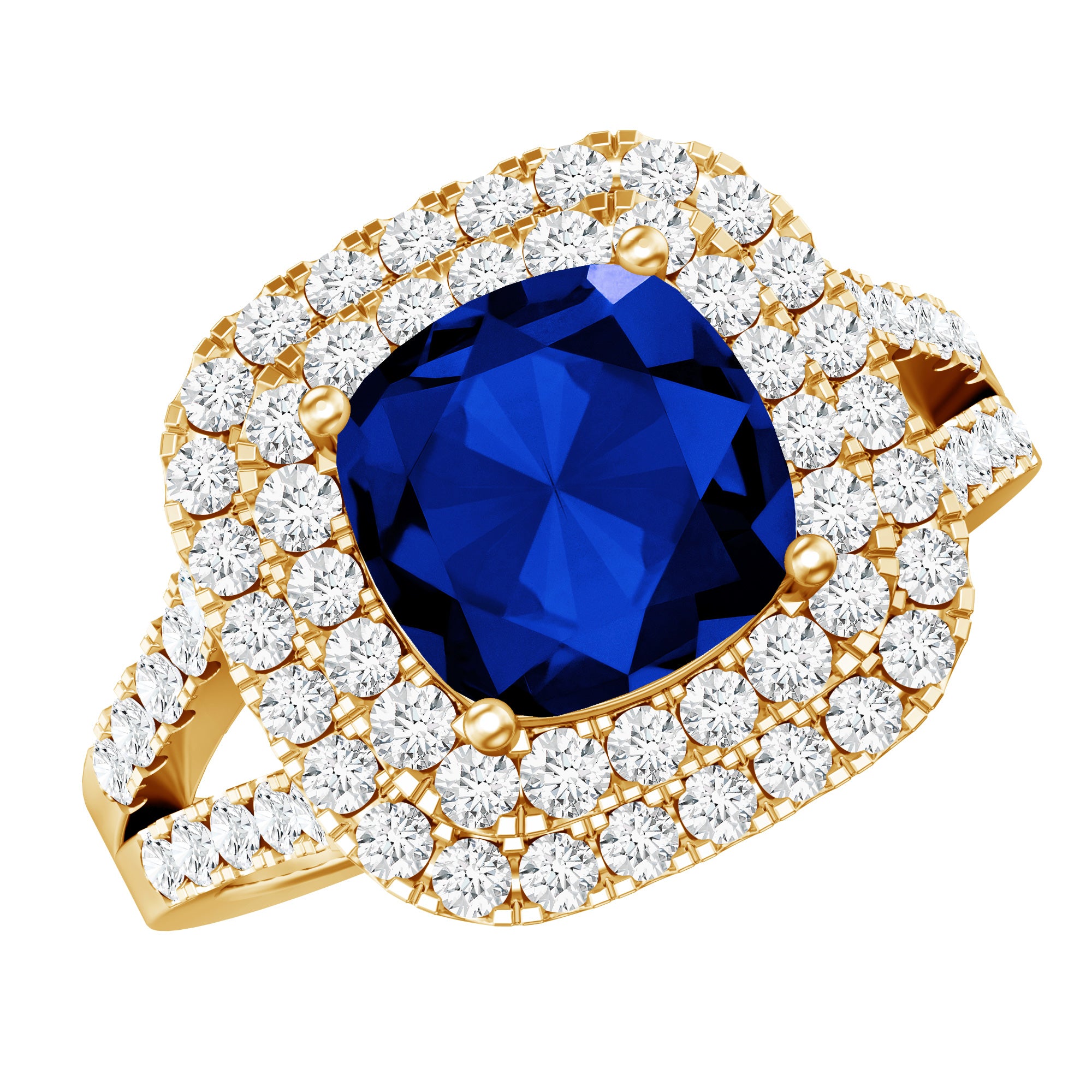 2.7 Carat Cushion Cut Lab Grown Blue Sapphire Engagement Ring with Double Halo AAAA - Rosec Jewels