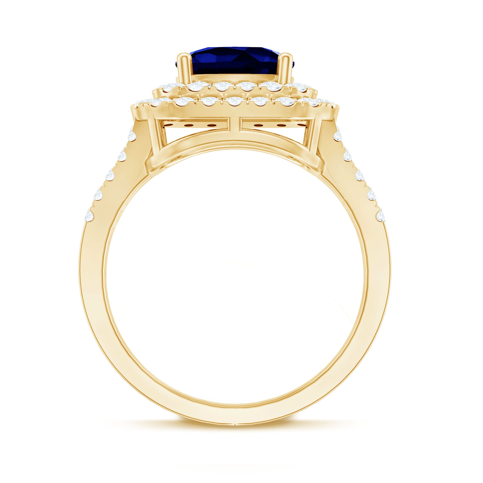2.7 Carat Cushion Cut Lab Grown Blue Sapphire Engagement Ring with Double Halo AAAA - Rosec Jewels