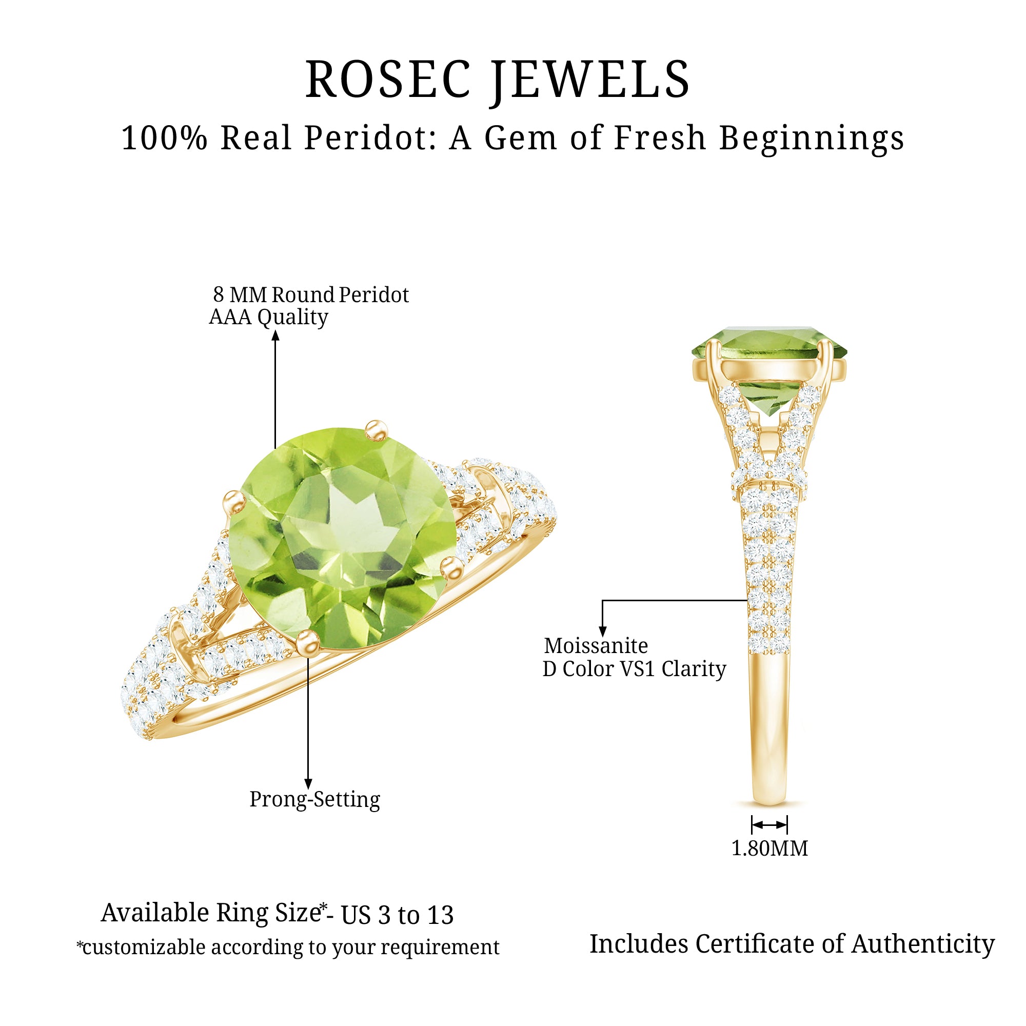 Peridot Solitaire Engagement Ring with Moissanite in Split Shank AAA - Rosec Jewels