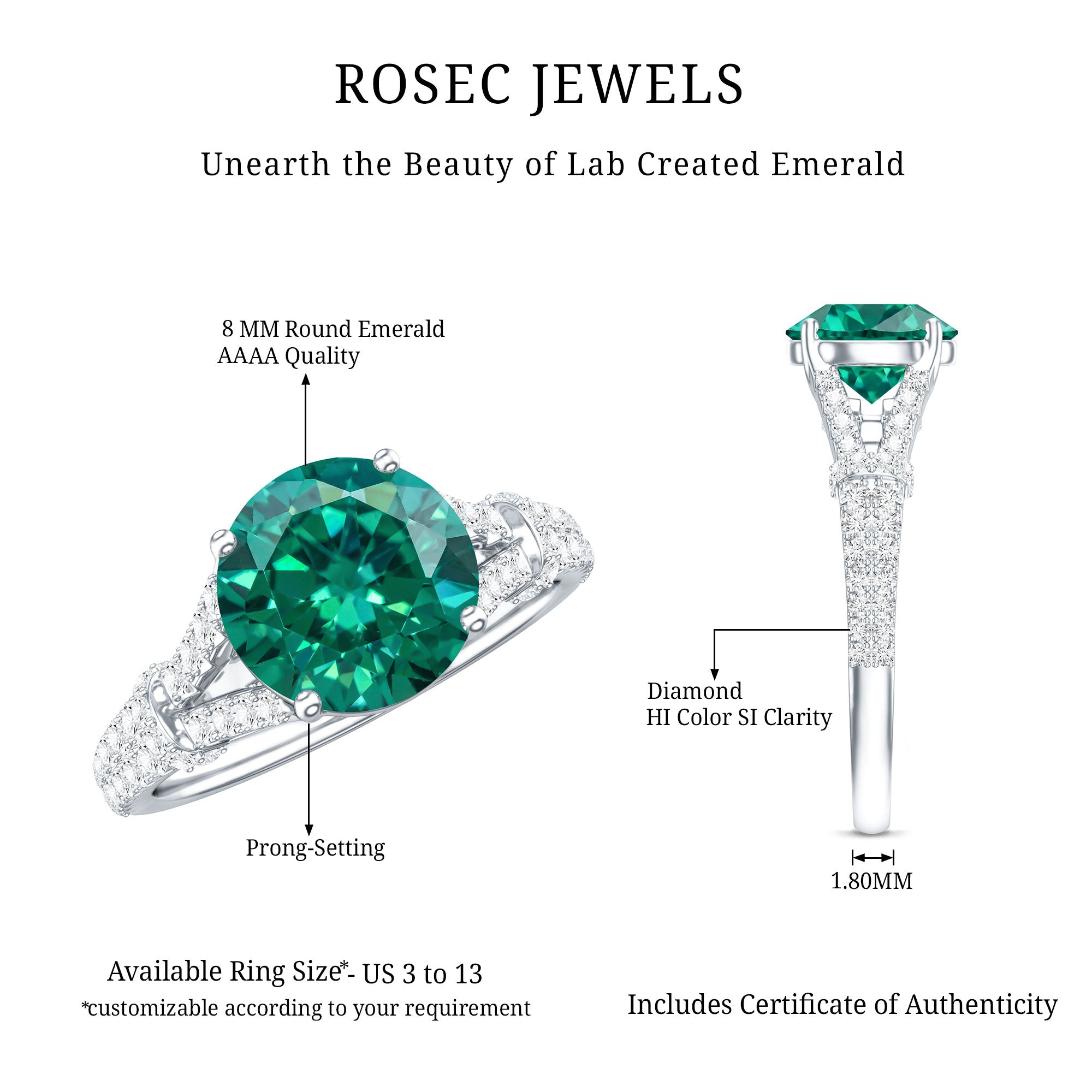 Classic Lab Grown Emerald Diamond Engagement Ring with Split Shank AAAA - Rosec Jewels