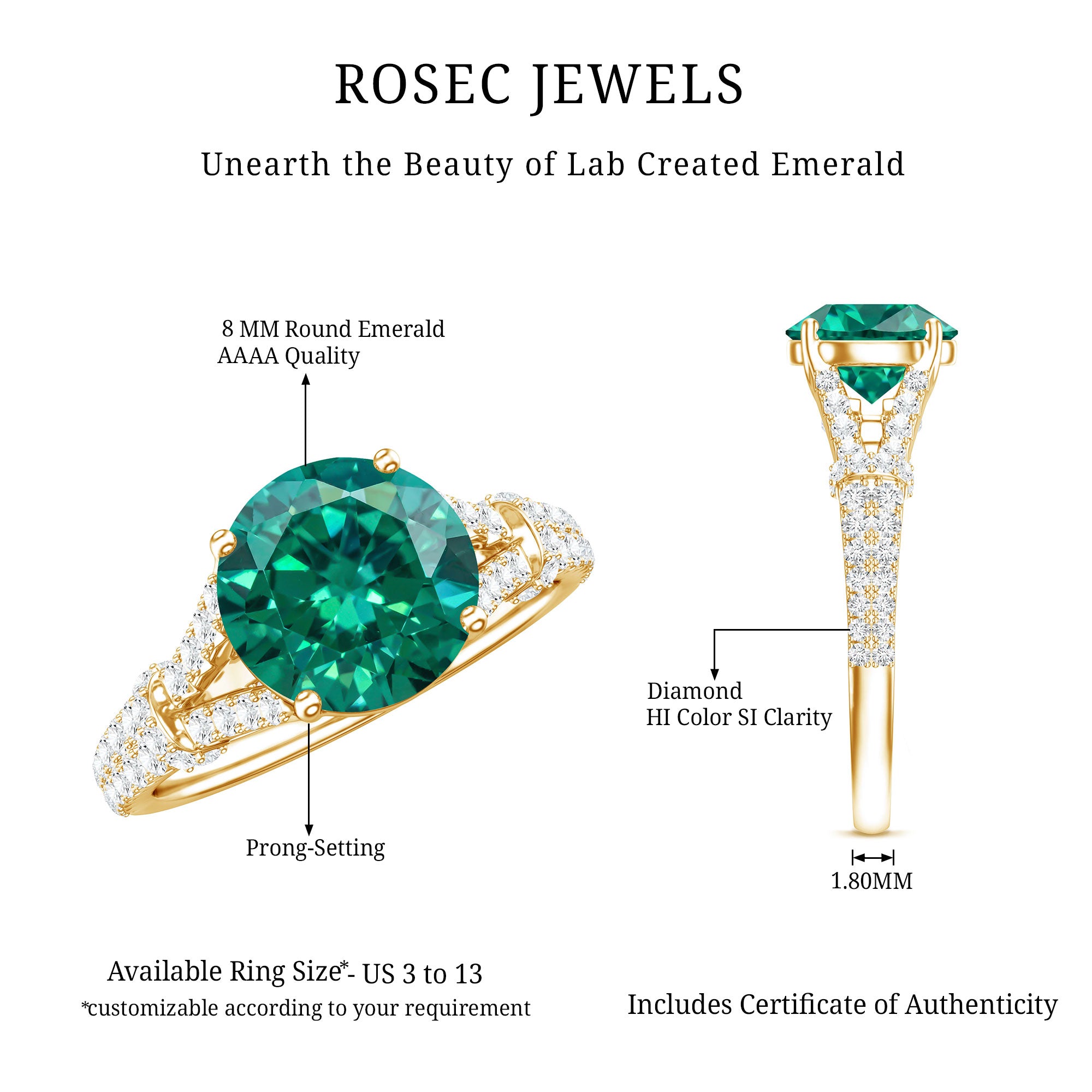 Classic Lab Grown Emerald Diamond Engagement Ring with Split Shank AAAA - Rosec Jewels