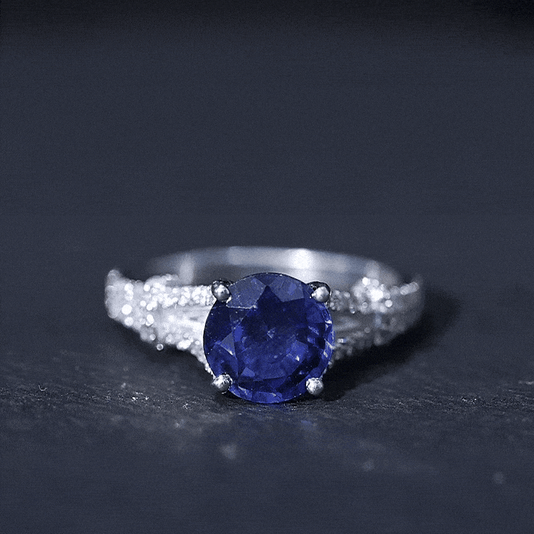 Certified 2.7 Carat Lab Grown Blue Sapphire Engagement Ring with Diamond Split Shank AAAA - Rosec Jewels