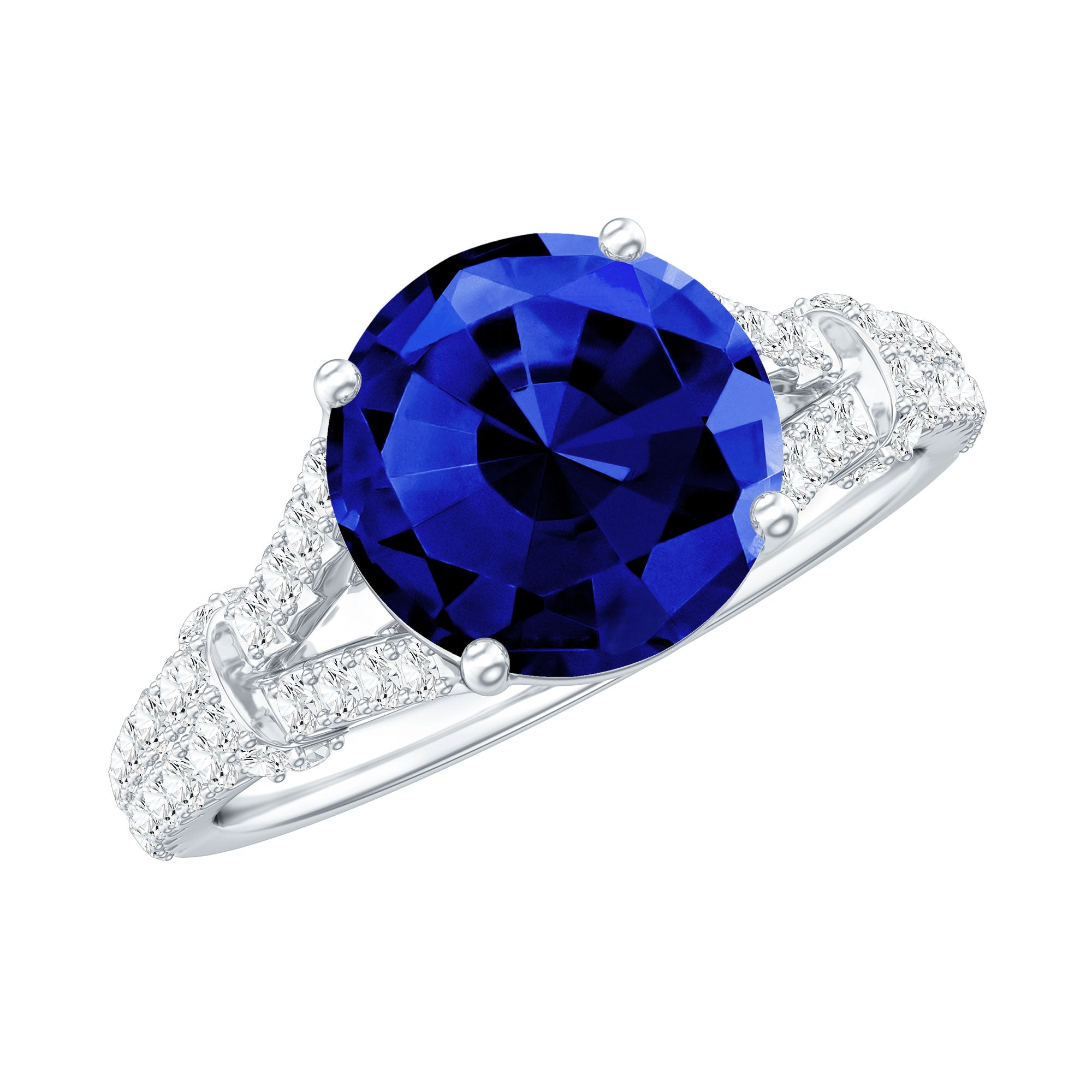 Certified 2.7 Carat Lab Grown Blue Sapphire Engagement Ring with Diamond Split Shank AAAA - Rosec Jewels