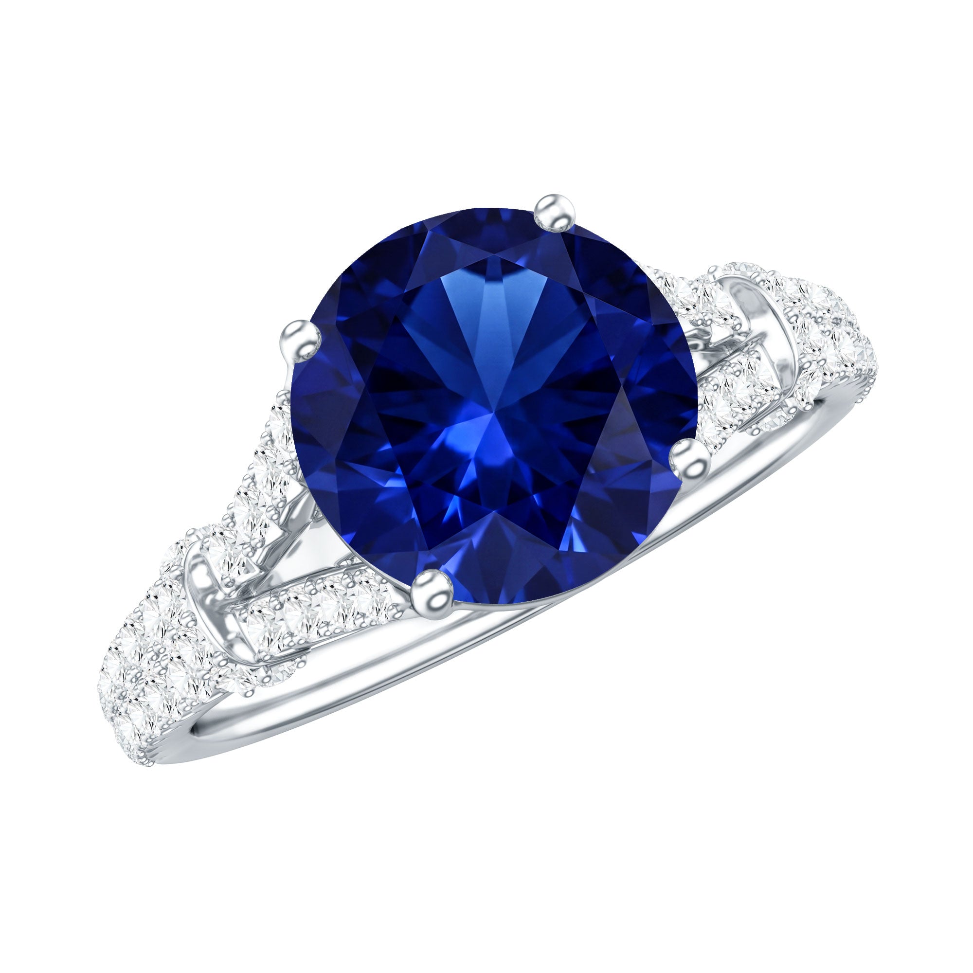 Certified 2.7 Carat Lab Grown Blue Sapphire Engagement Ring with Diamond Split Shank AAAA - Rosec Jewels