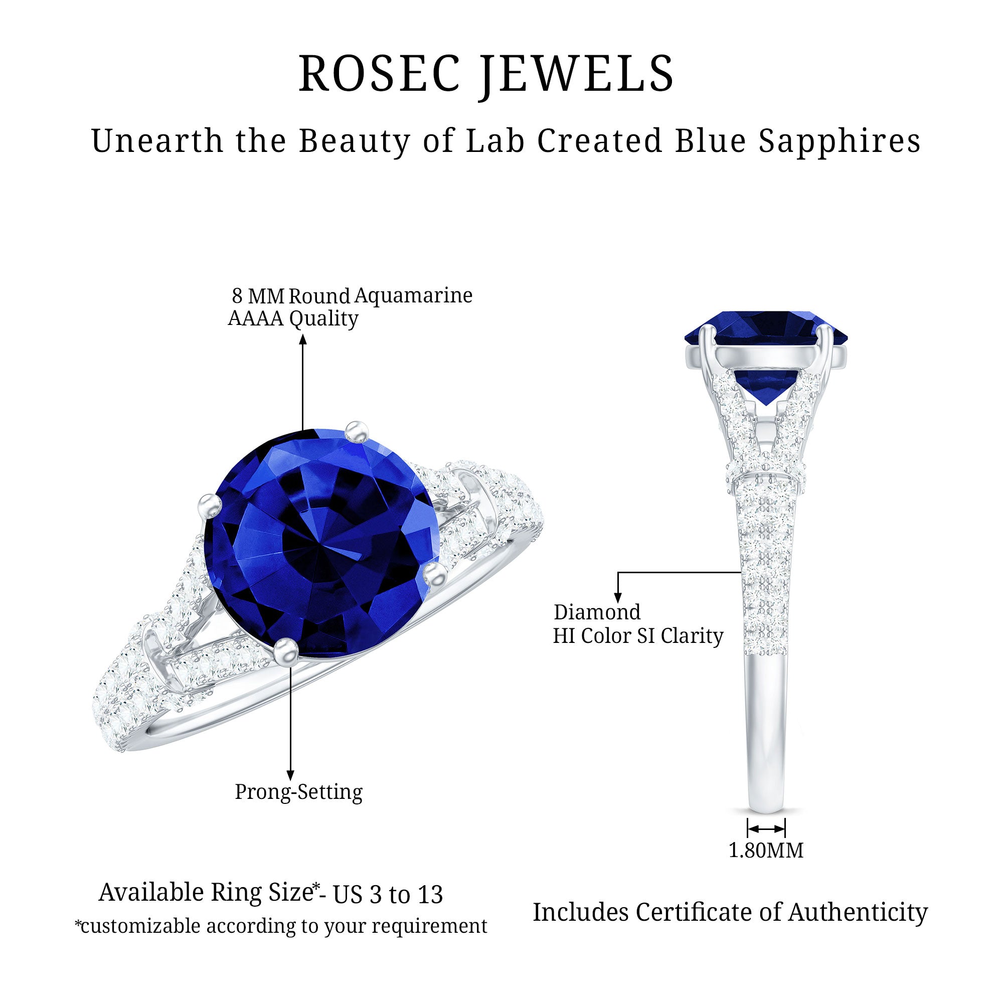 Certified 2.7 Carat Lab Grown Blue Sapphire Engagement Ring with Diamond Split Shank AAAA - Rosec Jewels