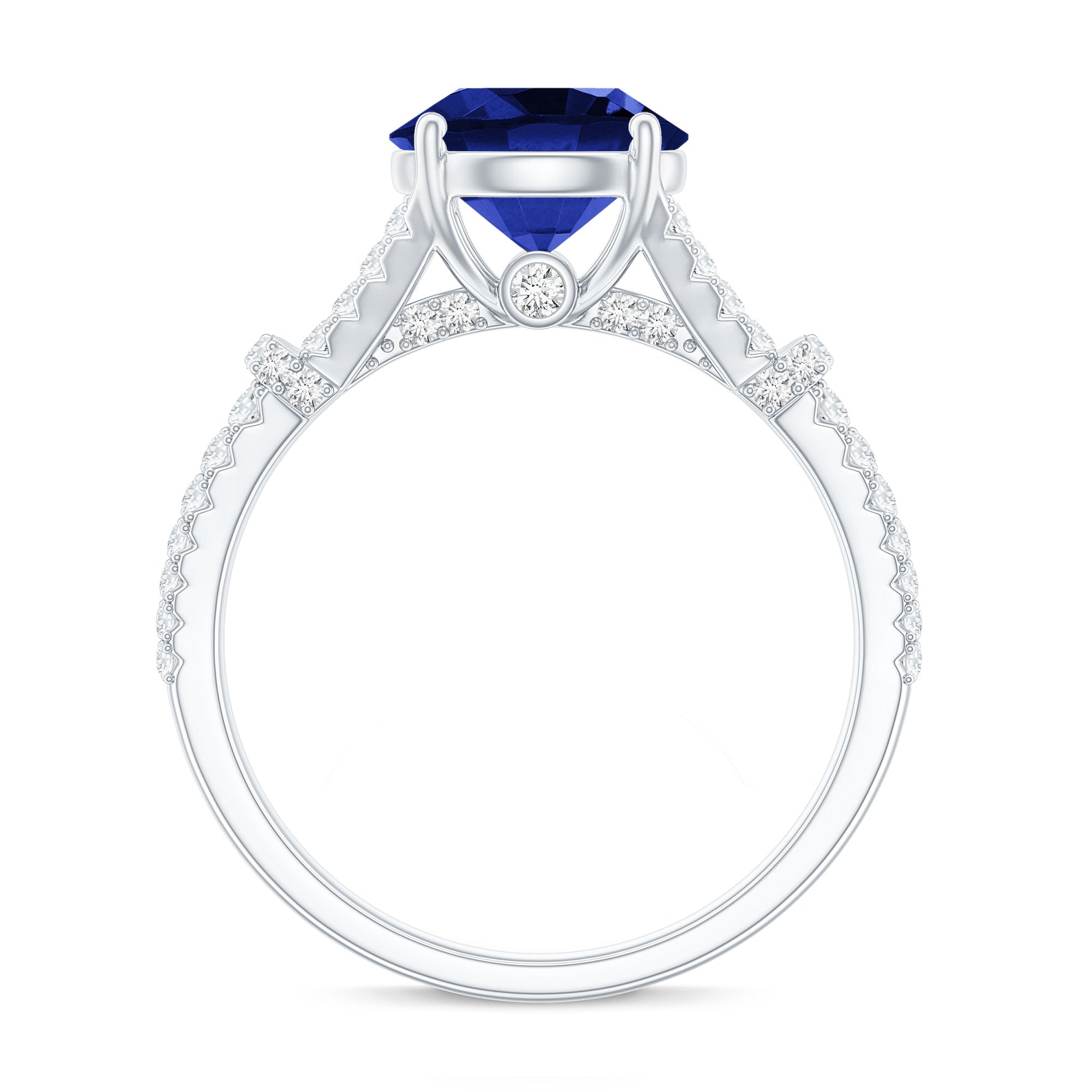 Certified 2.7 Carat Lab Grown Blue Sapphire Engagement Ring with Diamond Split Shank AAAA - Rosec Jewels