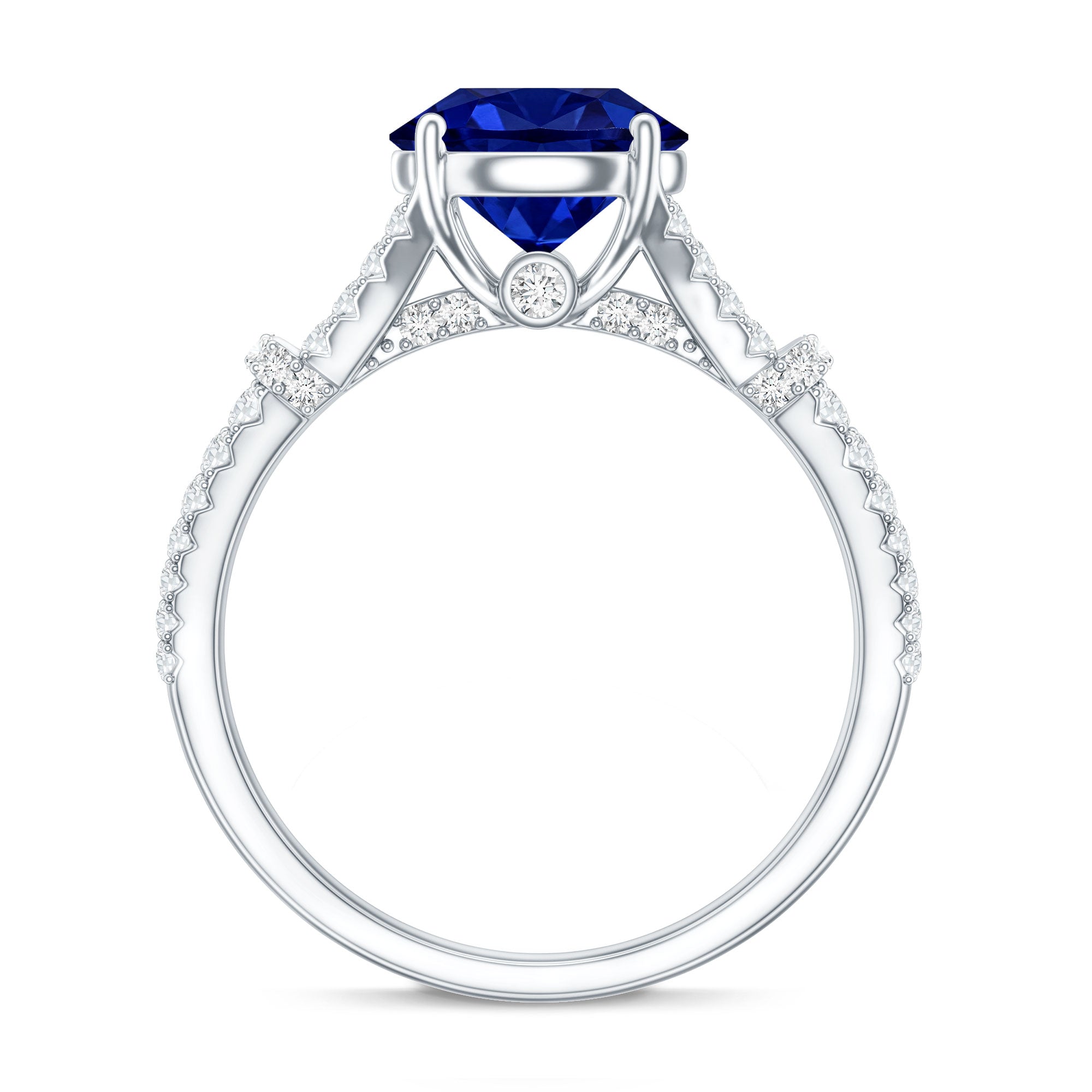 Certified 2.7 Carat Lab Grown Blue Sapphire Engagement Ring with Diamond Split Shank AAAA - Rosec Jewels