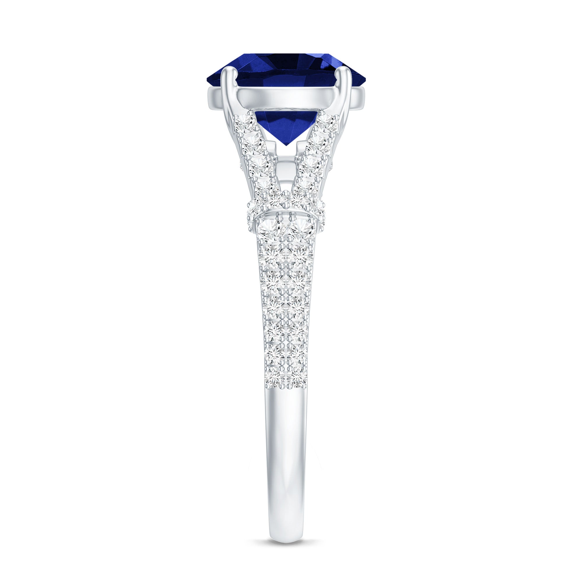 Certified 2.7 Carat Lab Grown Blue Sapphire Engagement Ring with Diamond Split Shank AAAA - Rosec Jewels