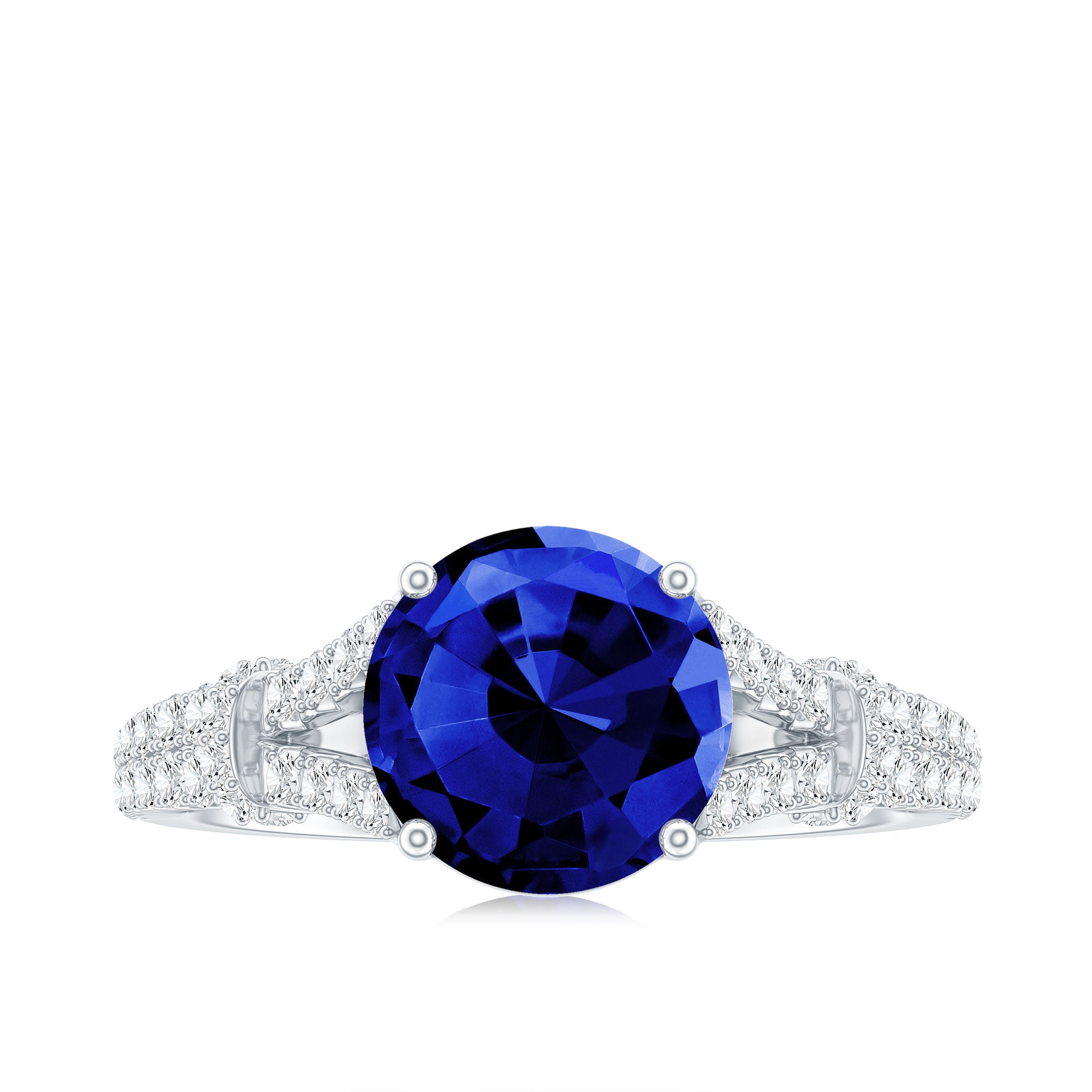 Certified 2.7 Carat Lab Grown Blue Sapphire Engagement Ring with Diamond Split Shank AAAA - Rosec Jewels