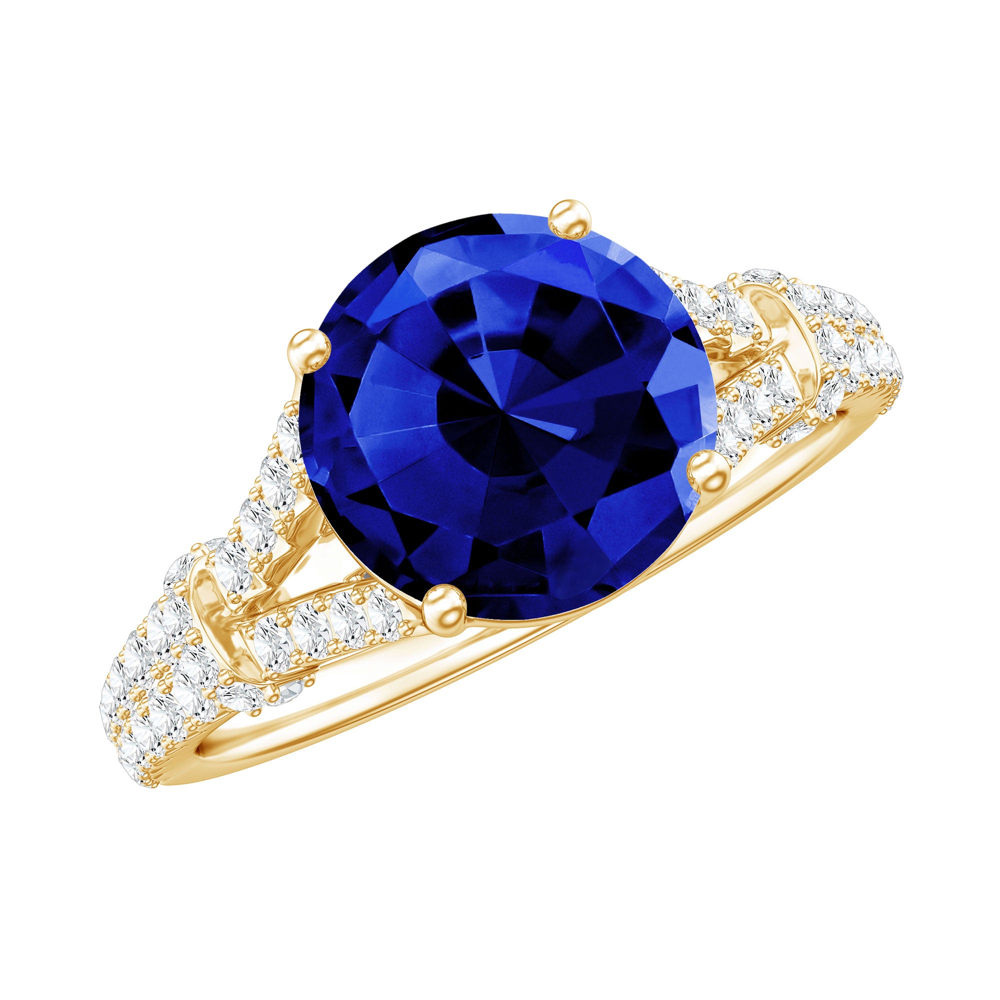 Certified 2.7 Carat Lab Grown Blue Sapphire Engagement Ring with Diamond Split Shank AAAA - Rosec Jewels