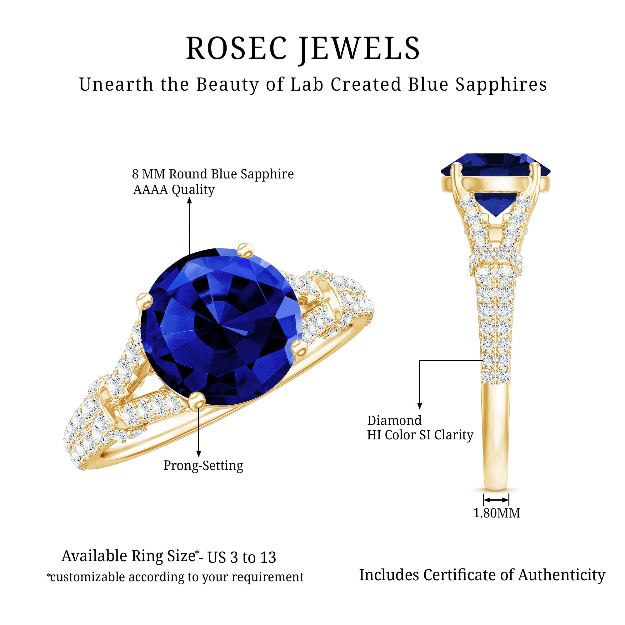 Certified 2.7 Carat Lab Grown Blue Sapphire Engagement Ring with Diamond Split Shank AAAA - Rosec Jewels