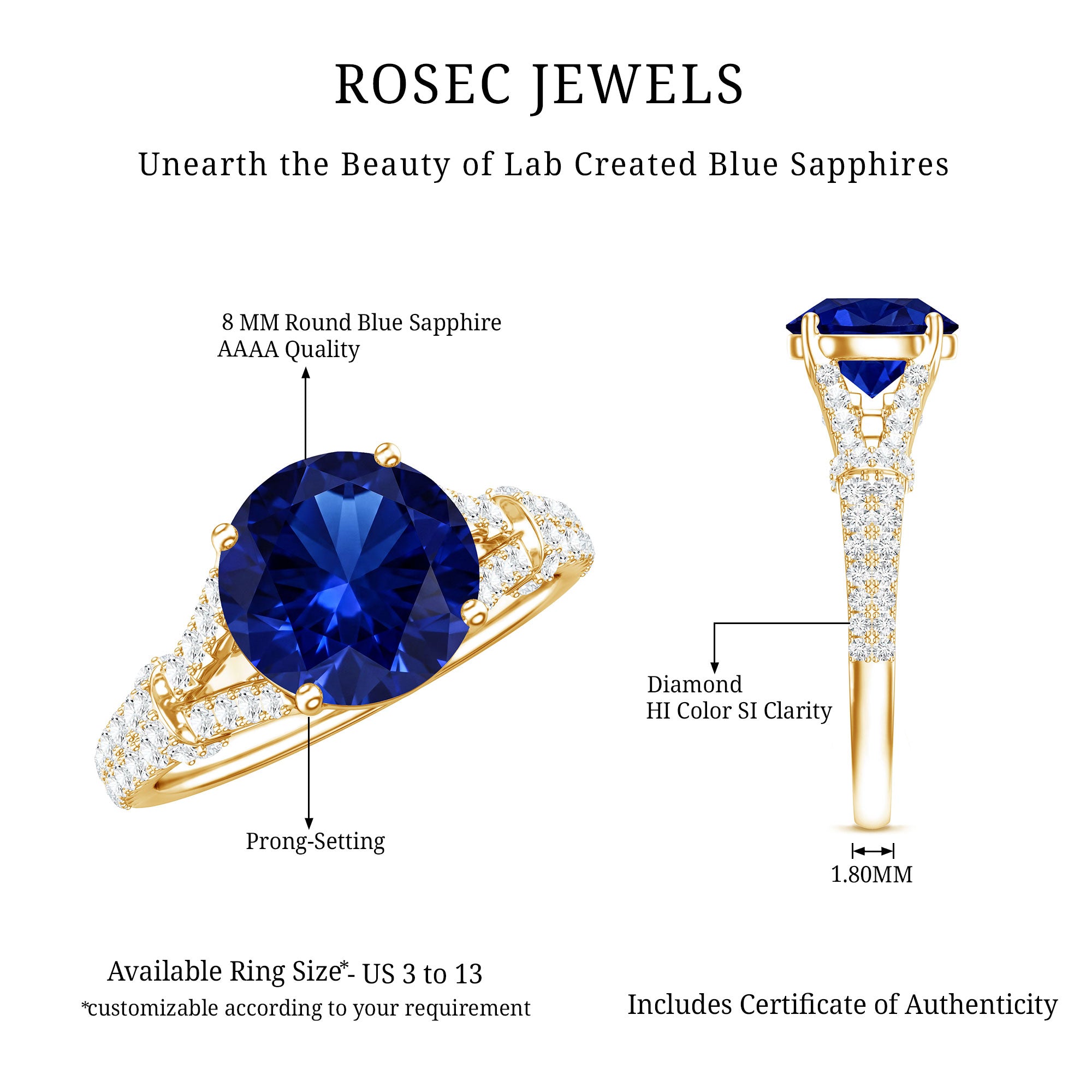 Certified 2.7 Carat Lab Grown Blue Sapphire Engagement Ring with Diamond Split Shank AAAA - Rosec Jewels