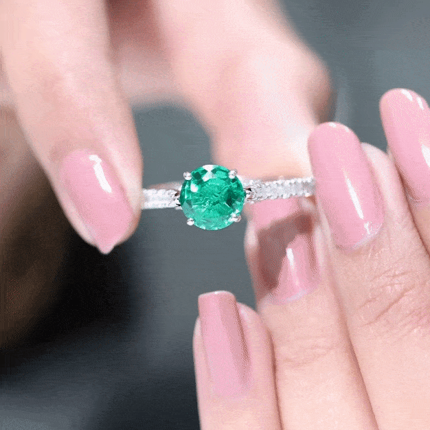 Lab Created Emerald Solitaire Engagement Ring with Diamond Side Stones AAAA - Rosec Jewels