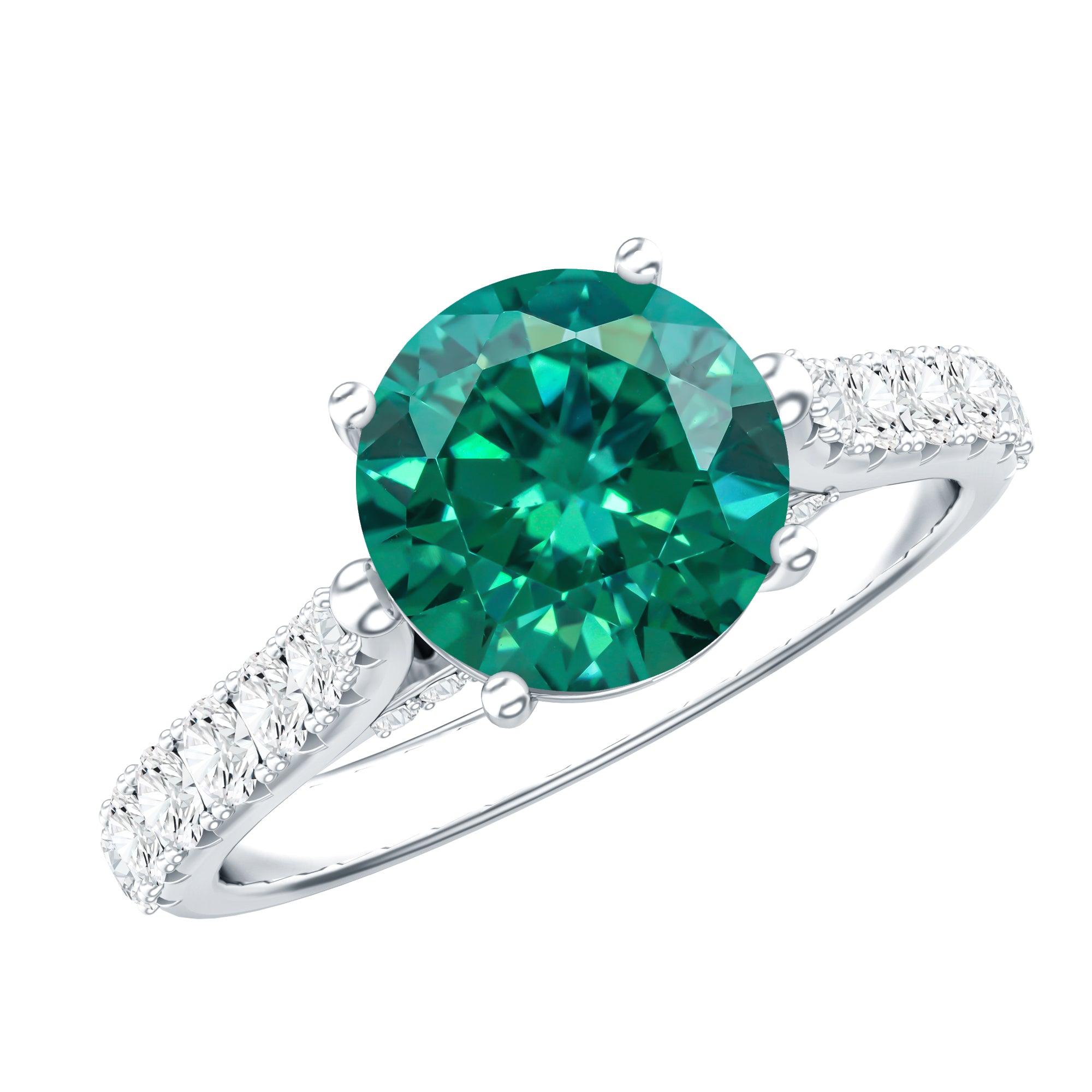 Lab Created Emerald Solitaire Engagement Ring with Diamond Side Stones AAAA - Rosec Jewels