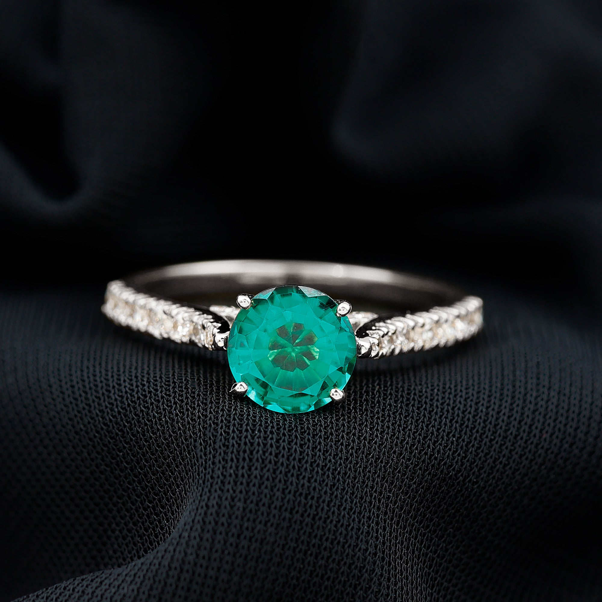 Lab Created Emerald Solitaire Engagement Ring with Diamond Side Stones AAAA - Rosec Jewels