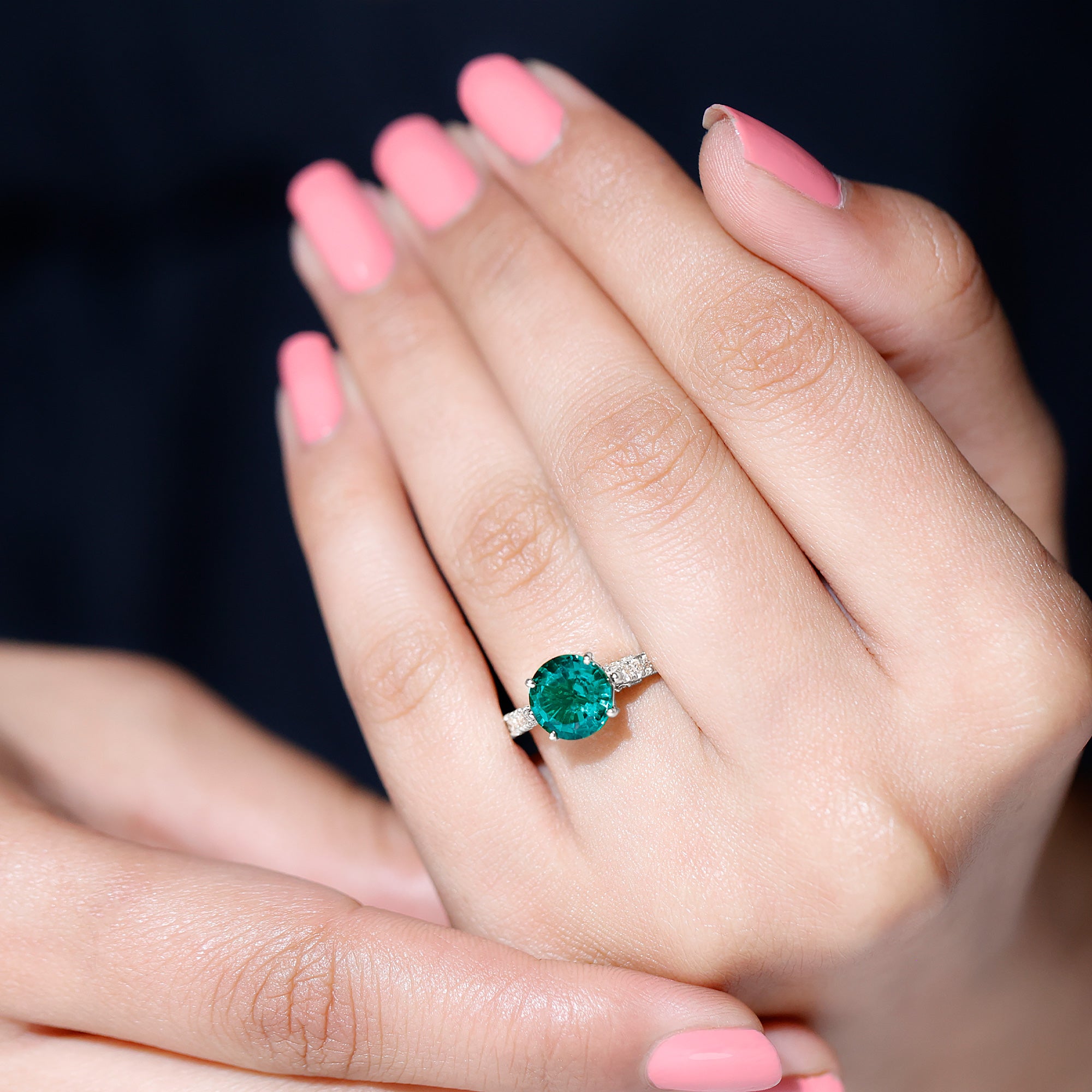 Lab Created Emerald Solitaire Engagement Ring with Diamond Side Stones AAAA - Rosec Jewels