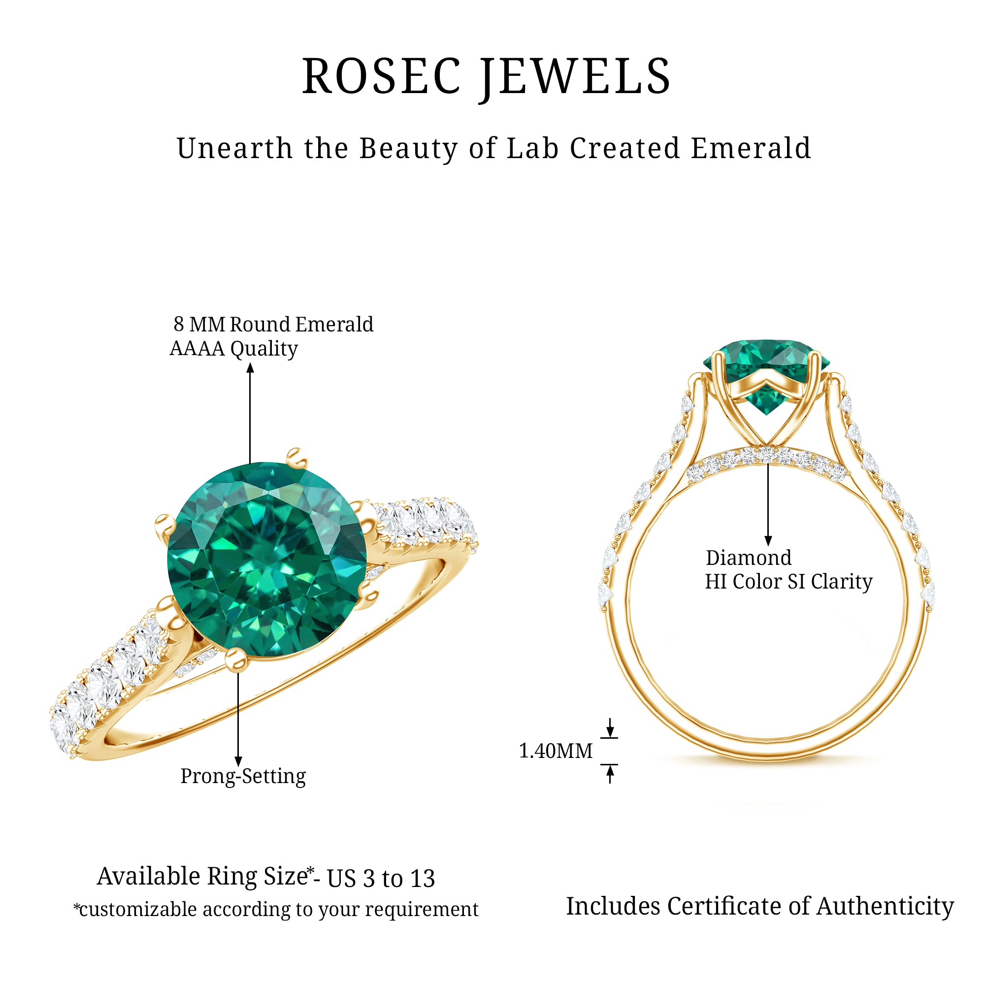 Lab Created Emerald Solitaire Engagement Ring with Diamond Side Stones AAAA - Rosec Jewels