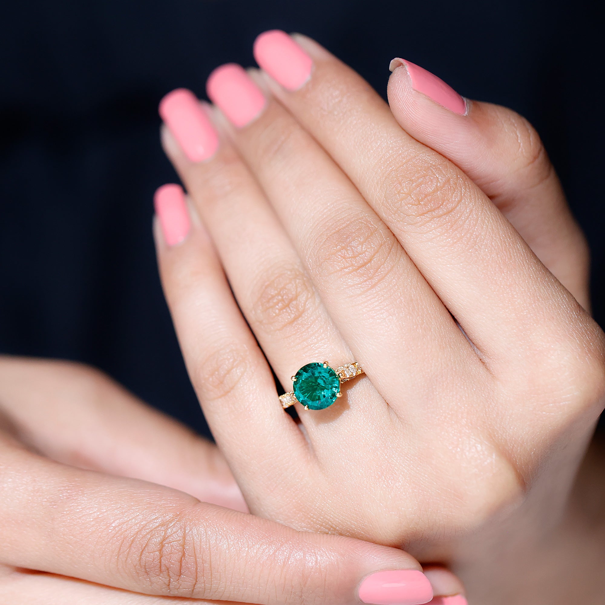 Lab Created Emerald Solitaire Engagement Ring with Diamond Side Stones AAAA - Rosec Jewels