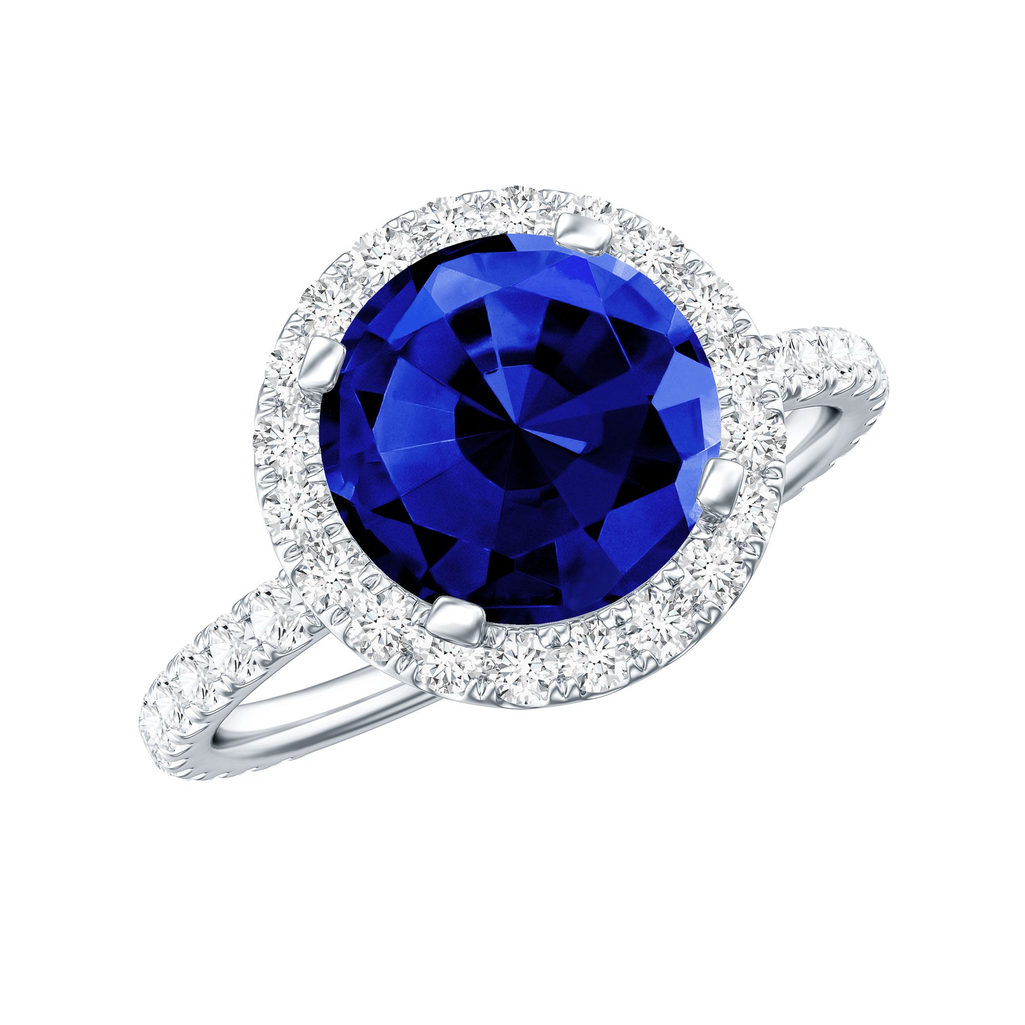 8 mm Round Lab Created Blue Sapphire Classic Engagement Ring with Diamond Halo AAAA - Rosec Jewels