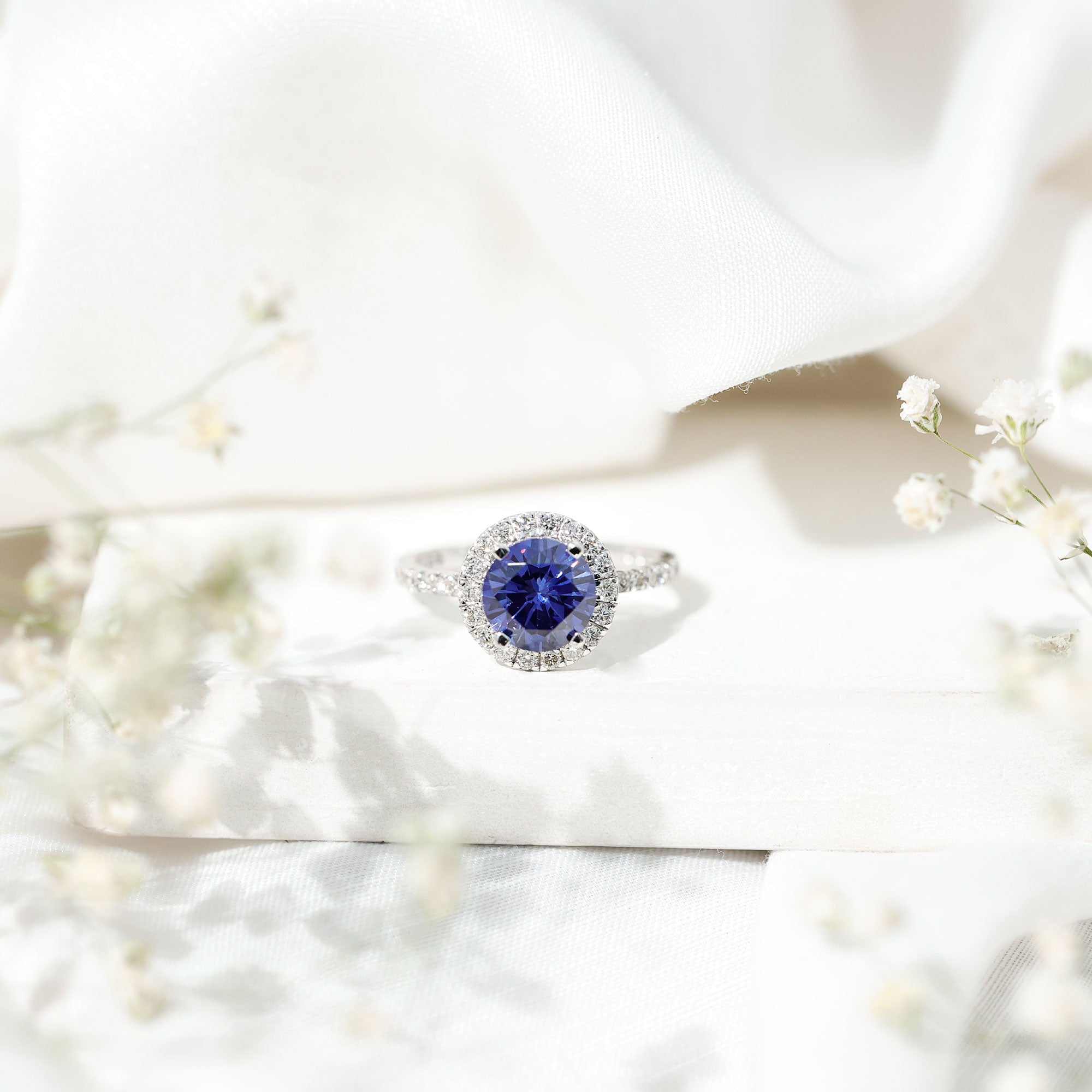 8 mm Round Lab Created Blue Sapphire Classic Engagement Ring with Diamond Halo AAAA - Rosec Jewels