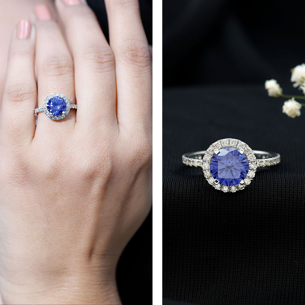 2.7 Carat Round Lab Created Blue Sapphire Classic Engagement Ring with Diamond Halo AAAA - Rosec Jewels