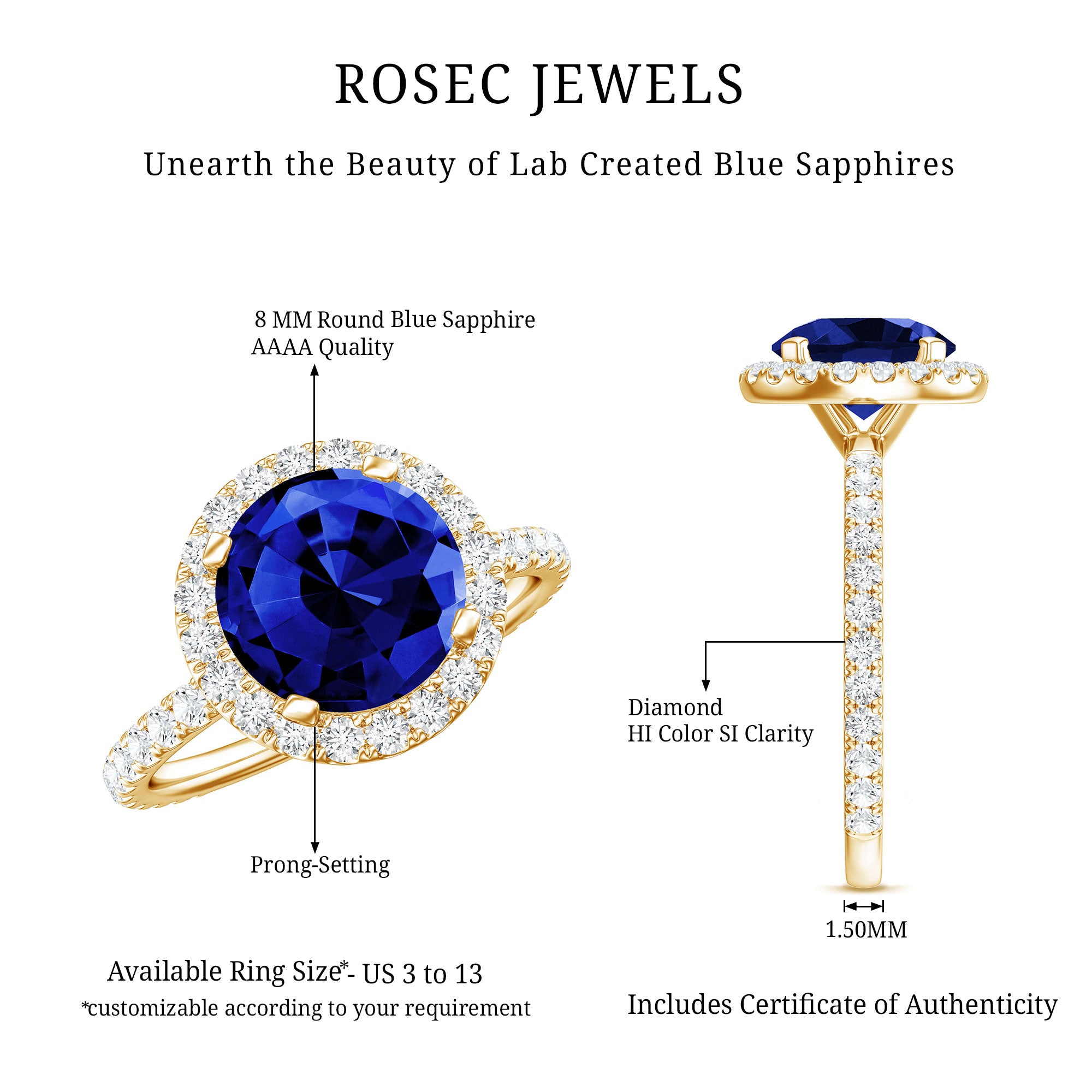 8 mm Round Lab Created Blue Sapphire Classic Engagement Ring with Diamond Halo AAAA - Rosec Jewels