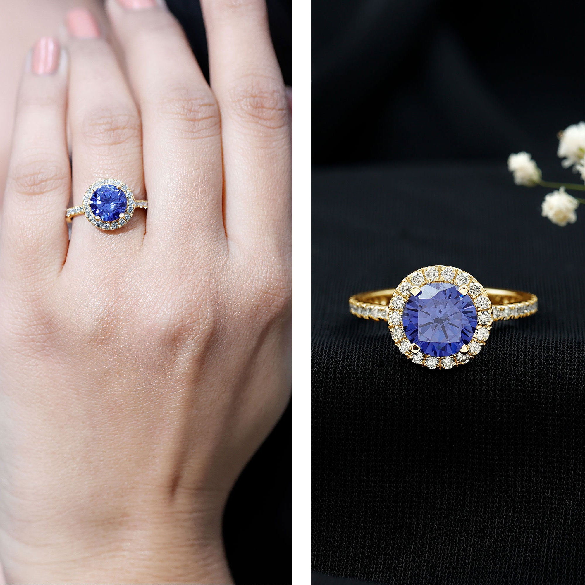 8 mm Round Lab Created Blue Sapphire Classic Engagement Ring with Diamond Halo AAAA - Rosec Jewels