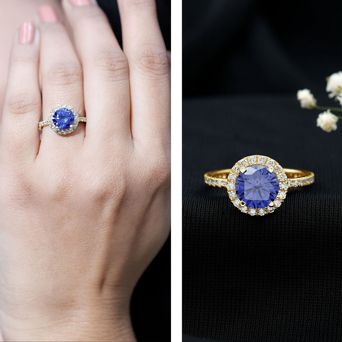2.7 Carat Round Lab Created Blue Sapphire Classic Engagement Ring with Diamond Halo AAAA - Rosec Jewels