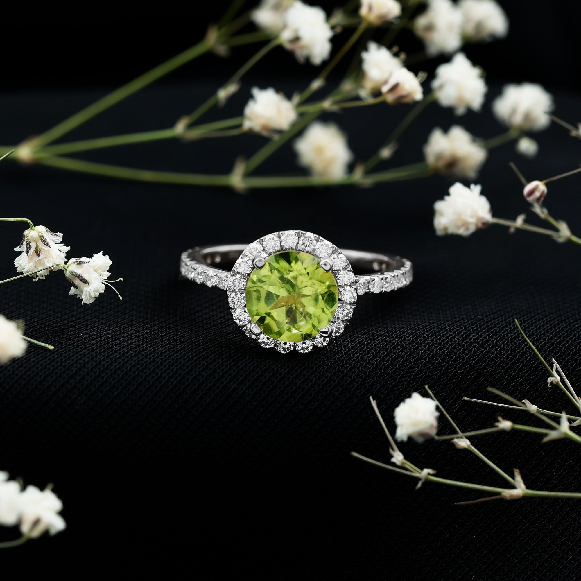 2 Carat Round Peridot Engagement Ring with Diamond Halo AAA - Rosec Jewels