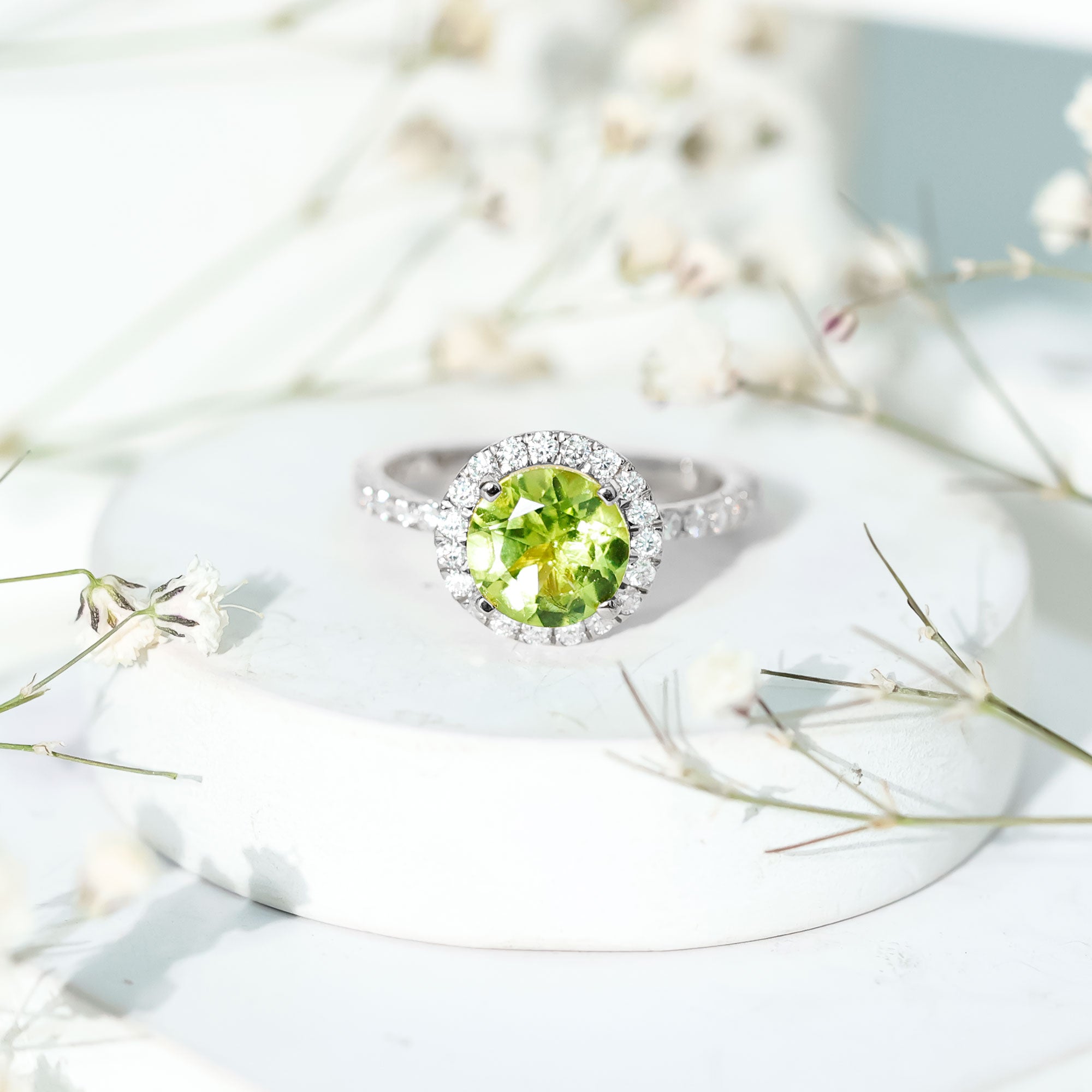 2 Carat Round Peridot Engagement Ring with Diamond Halo AAA - Rosec Jewels