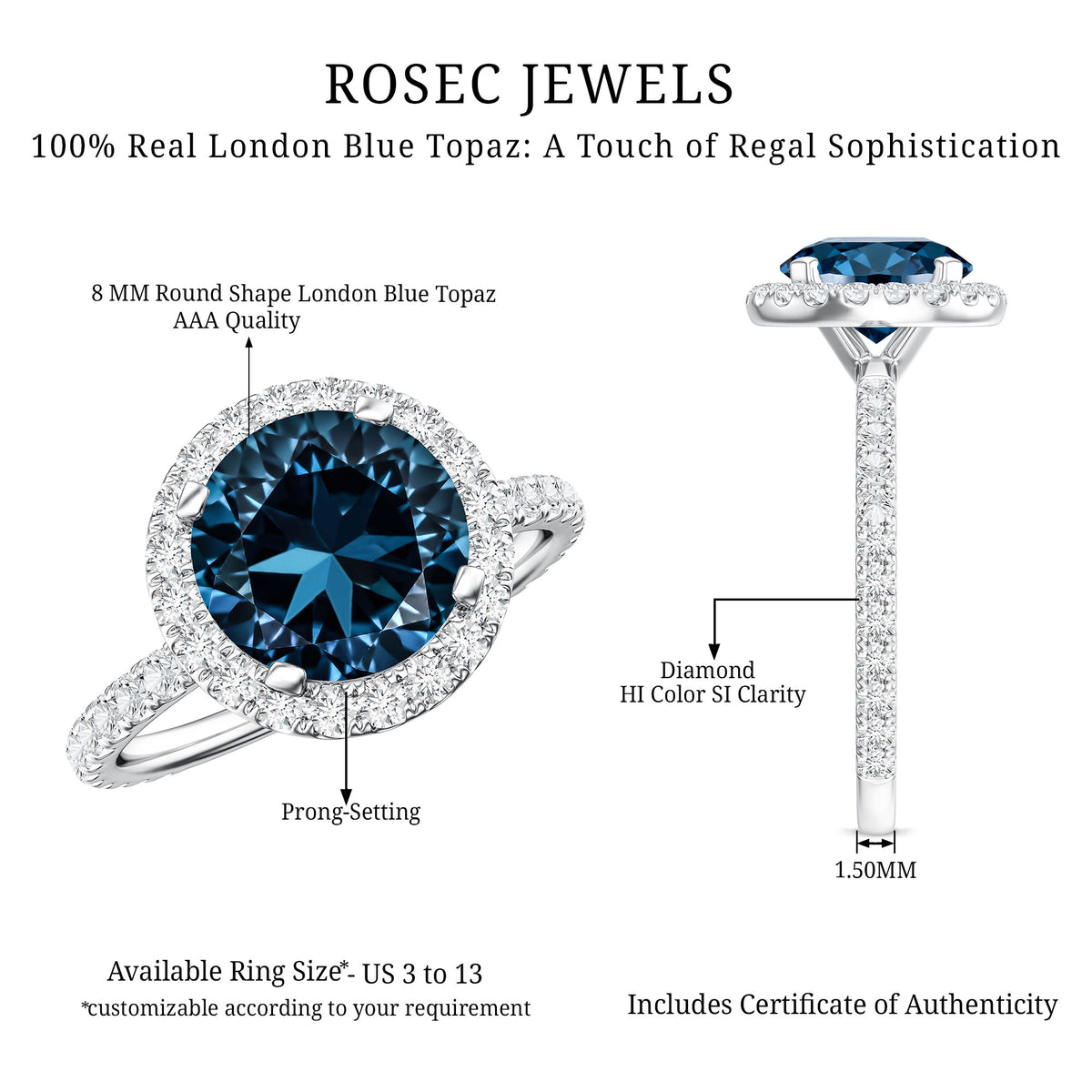 2 Carat London Blue Topaz Classic Engagement Ring with Diamond AAA - Rosec Jewels