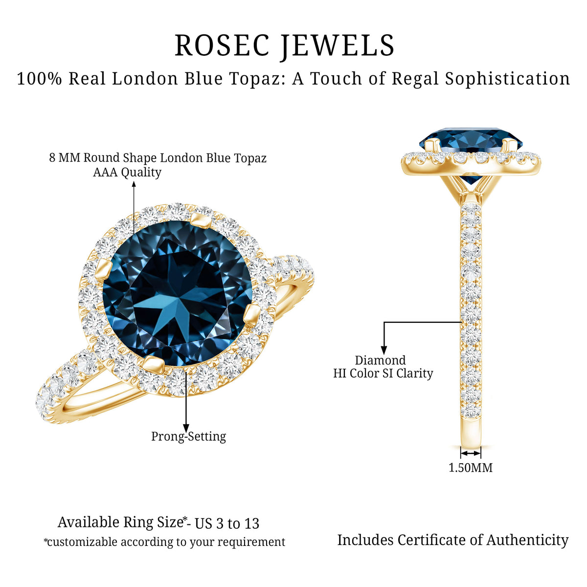 2 Carat London Blue Topaz Classic Engagement Ring with Diamond AAA - Rosec Jewels