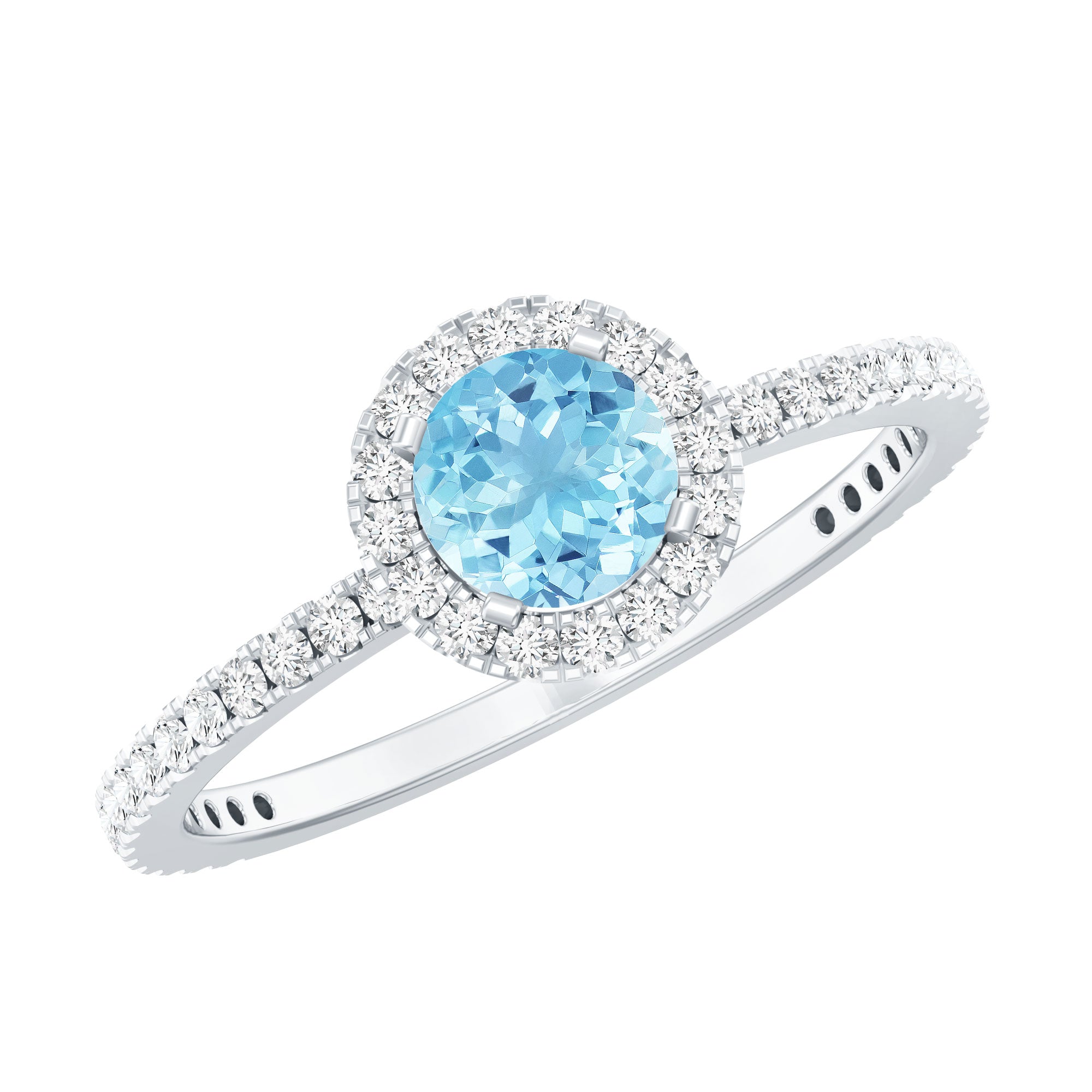 Genuine Blue Aquamarine Ring with Diamond Accent AAA - Rosec Jewels