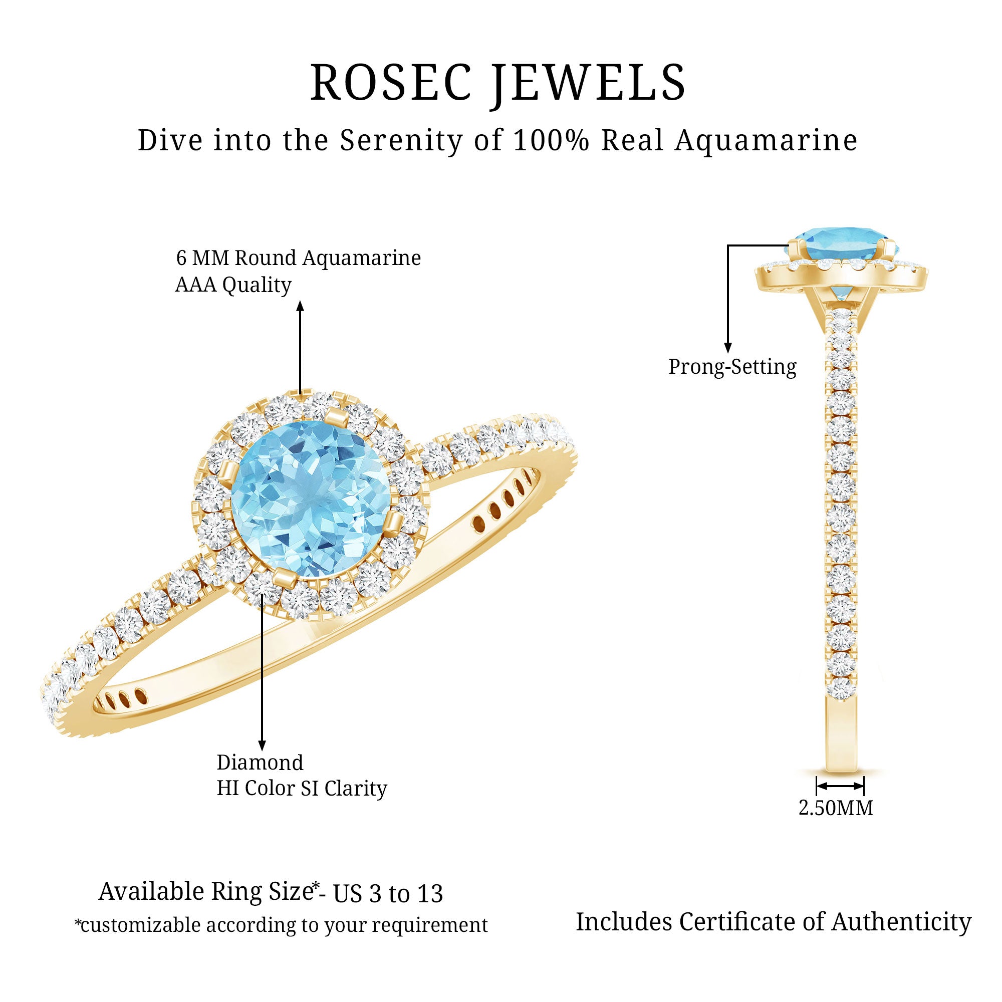 Genuine Blue Aquamarine Ring with Diamond Accent AAA - Rosec Jewels