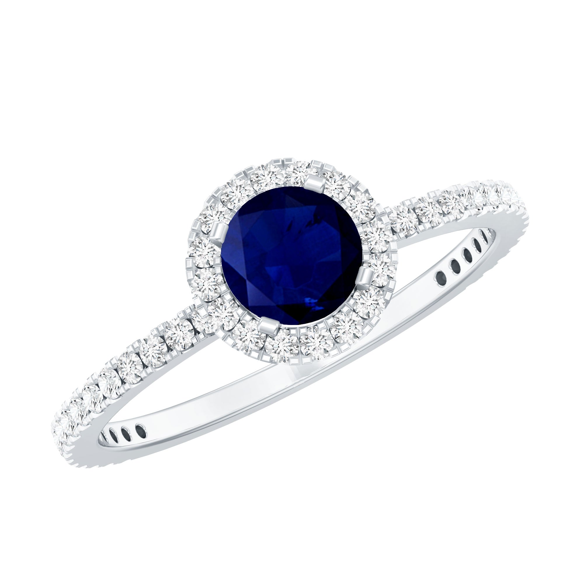 0.95 Carat Round Blue Sapphire and Diamond Halo Engagement Ring AAA - Rosec Jewels