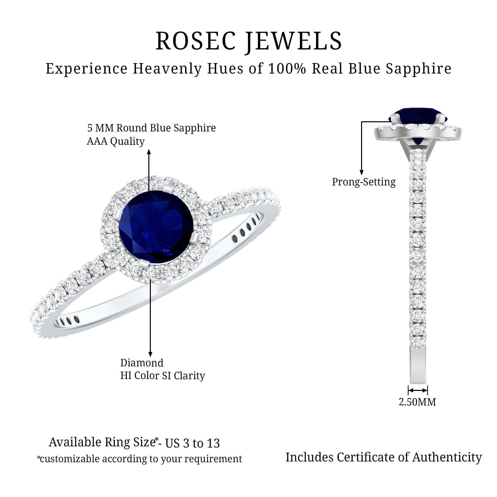 0.95 Carat Round Blue Sapphire and Diamond Halo Engagement Ring AAA - Rosec Jewels
