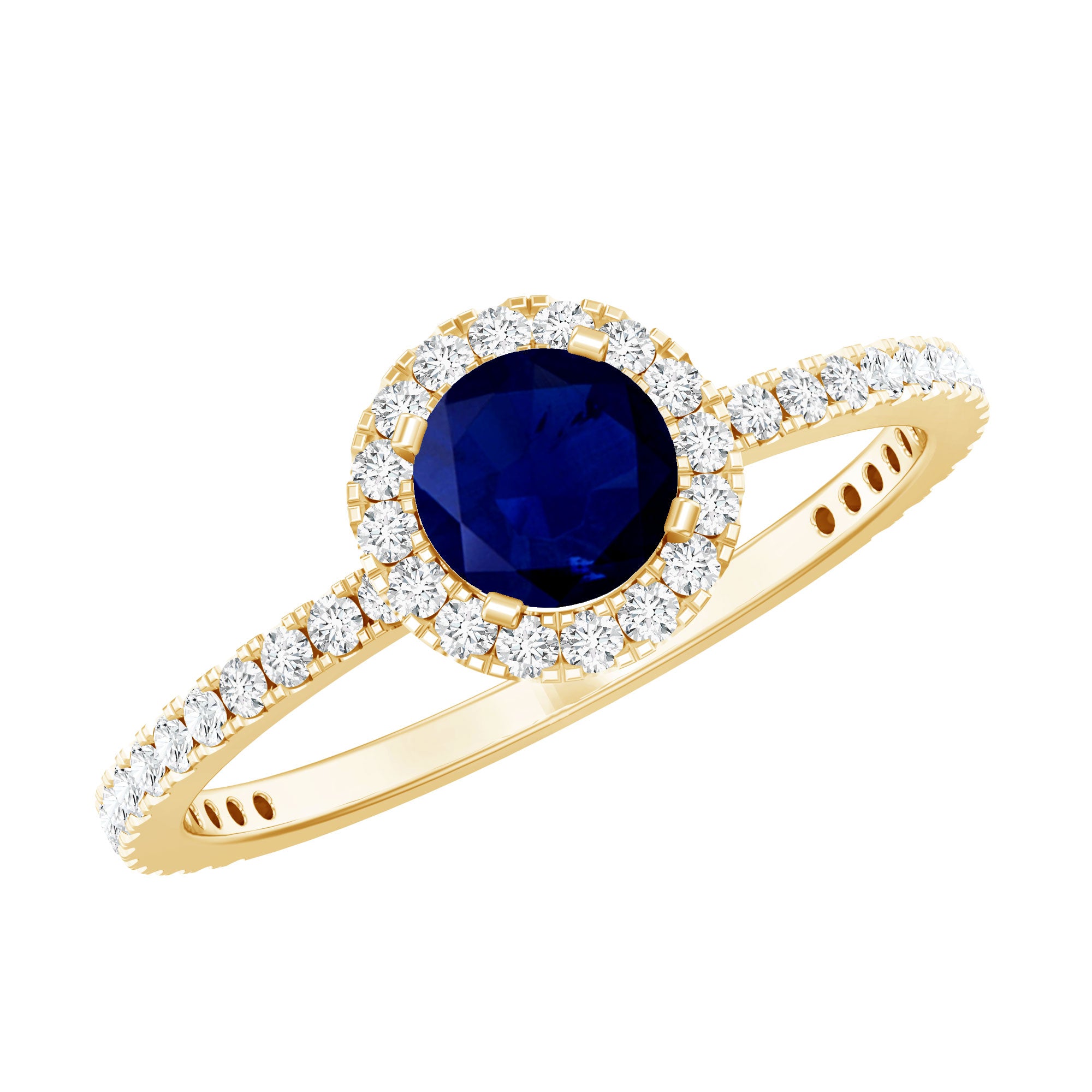 0.95 Carat Round Blue Sapphire and Diamond Halo Engagement Ring AAA - Rosec Jewels