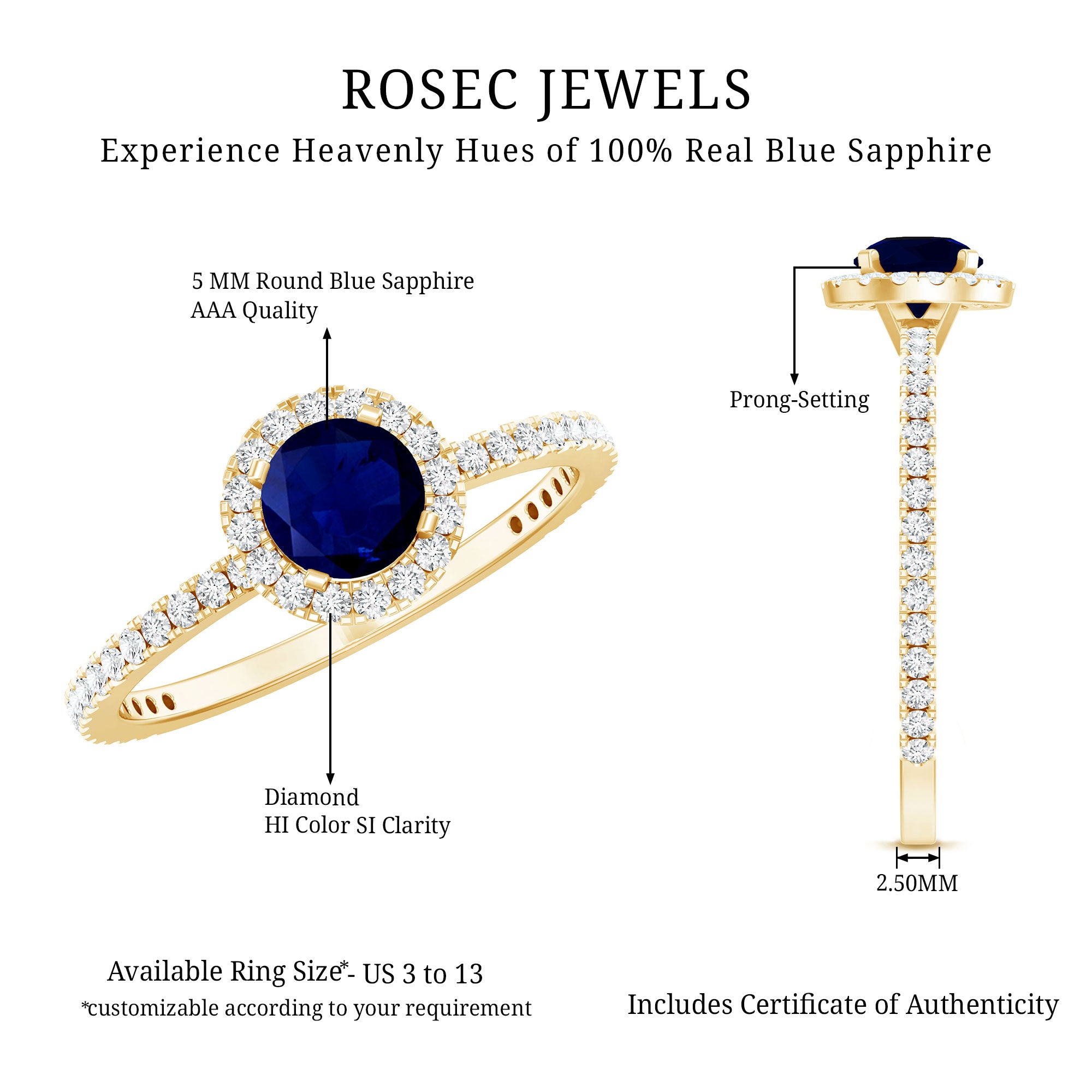 0.95 Carat Round Blue Sapphire and Diamond Halo Engagement Ring AAA - Rosec Jewels