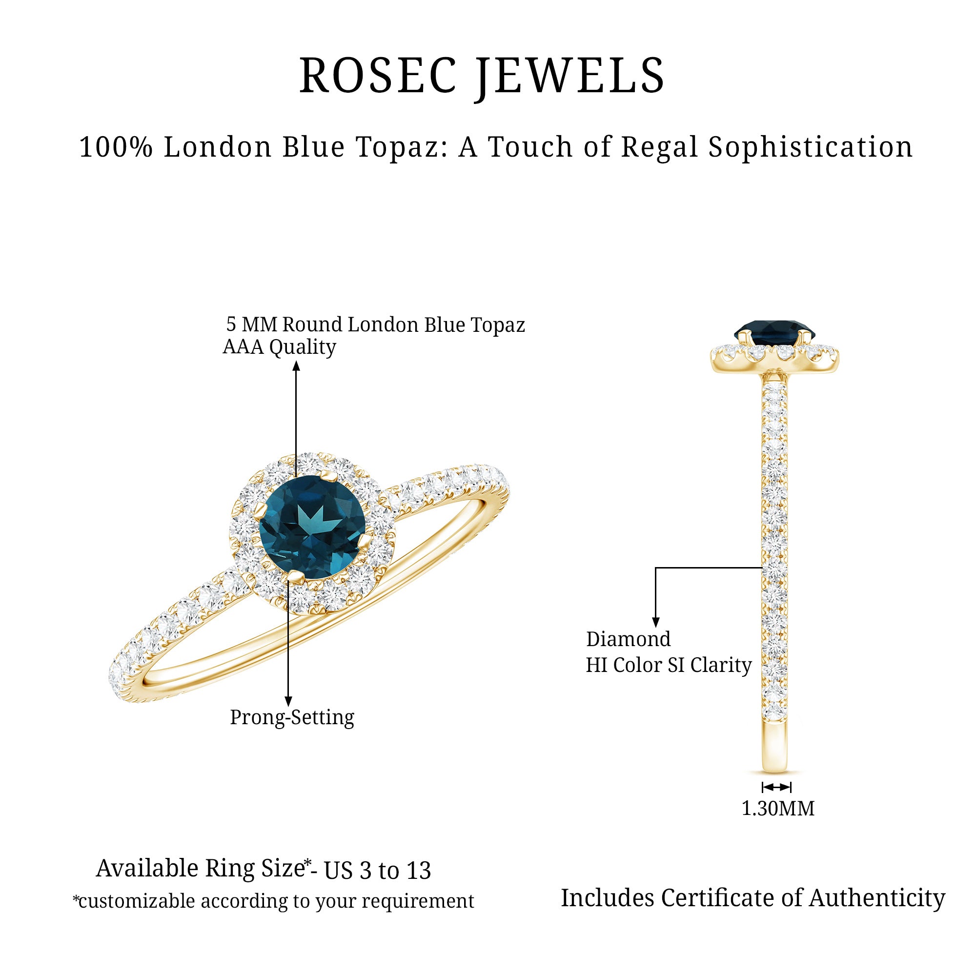 Round Shaped Blue Topaz and Diamond Minimal Engagement Ring AAA - Rosec Jewels