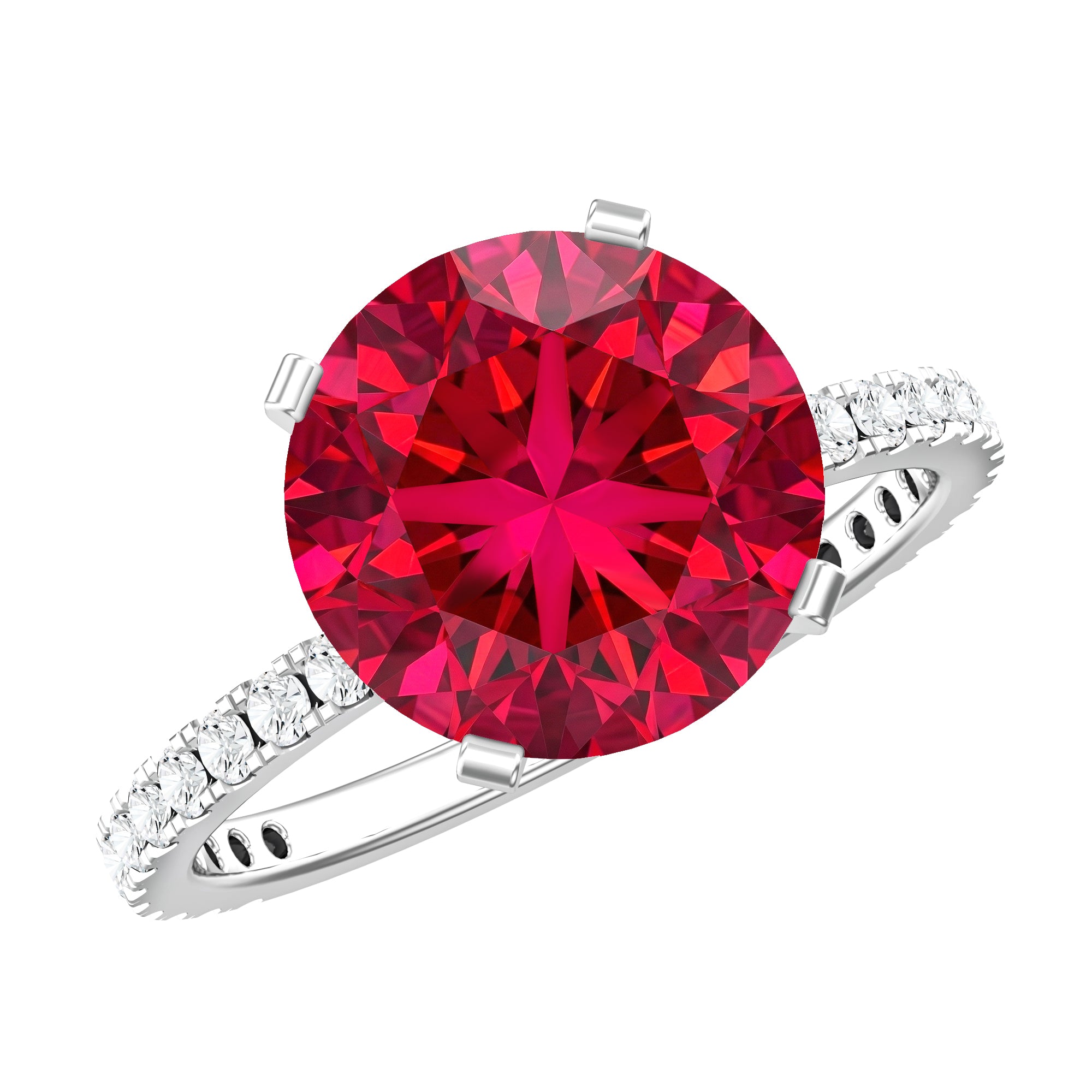Round 5 Carat Lab Created Ruby Huge Engagement Ring with Diamond Side Stones AAAA - Rosec Jewels