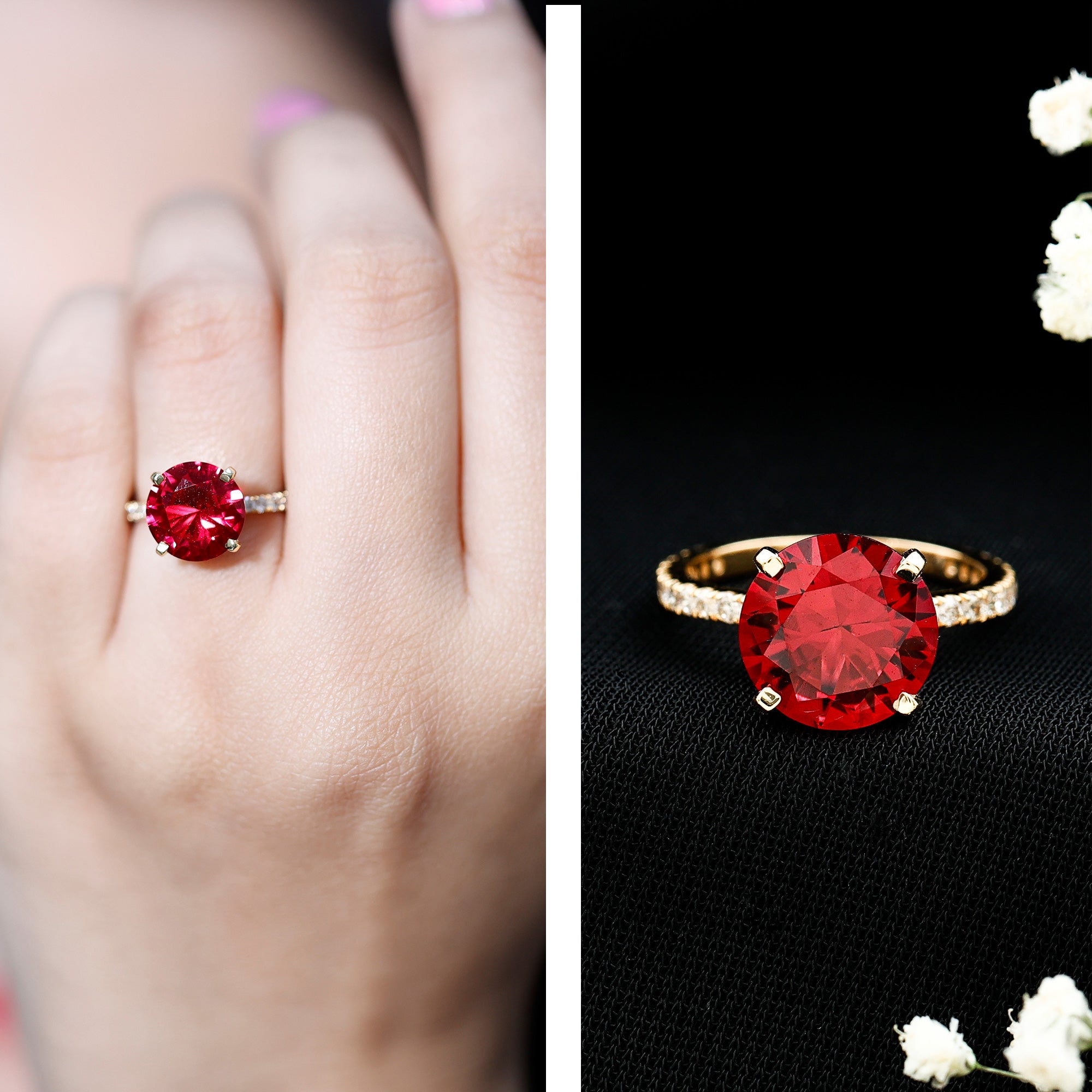 Round 5 Carat Lab Created Ruby Huge Engagement Ring with Diamond Side Stones AAAA - Rosec Jewels