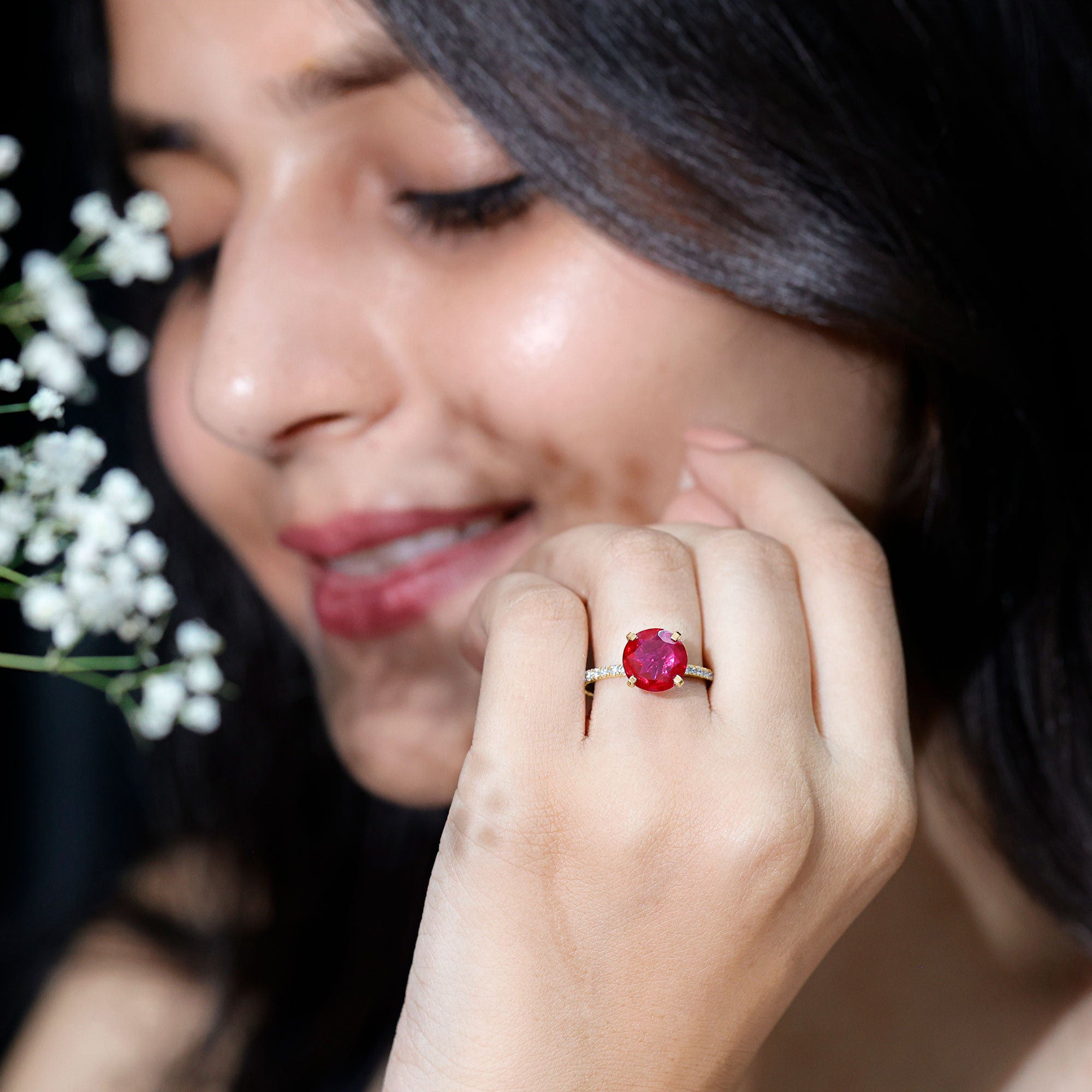 Round 5 Carat Lab Created Ruby Huge Engagement Ring with Diamond Side Stones AAAA - Rosec Jewels